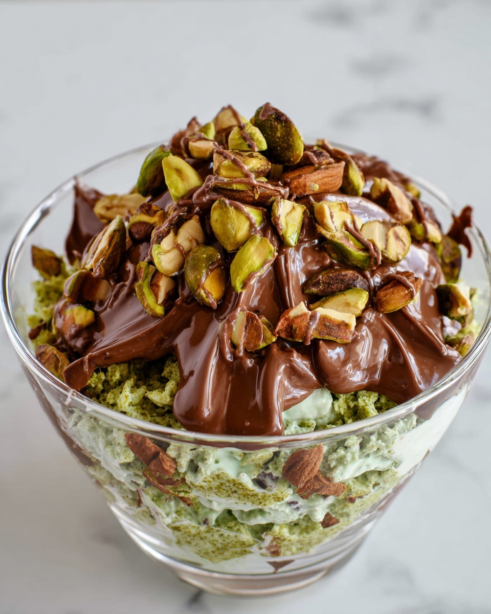 A clear glass bowl on a white marbled surface holds a layered dessert starting with a green textured base that looks like finely shredded or chopped matcha cake. On top of this green layer, thick smooth milk chocolate is drizzled generously in uneven ribbons, partially covering the base. The top layer is scattered with large pieces of mixed nuts, mainly pistachios, with their green and light brown colors contrasting with the chocolate and green base. The nuts are uneven and chunky, adding a rough texture to the presentation. The overall look is rich and colorful with layered textures. photo taken with an iphone --ar 4:5 --v 7
