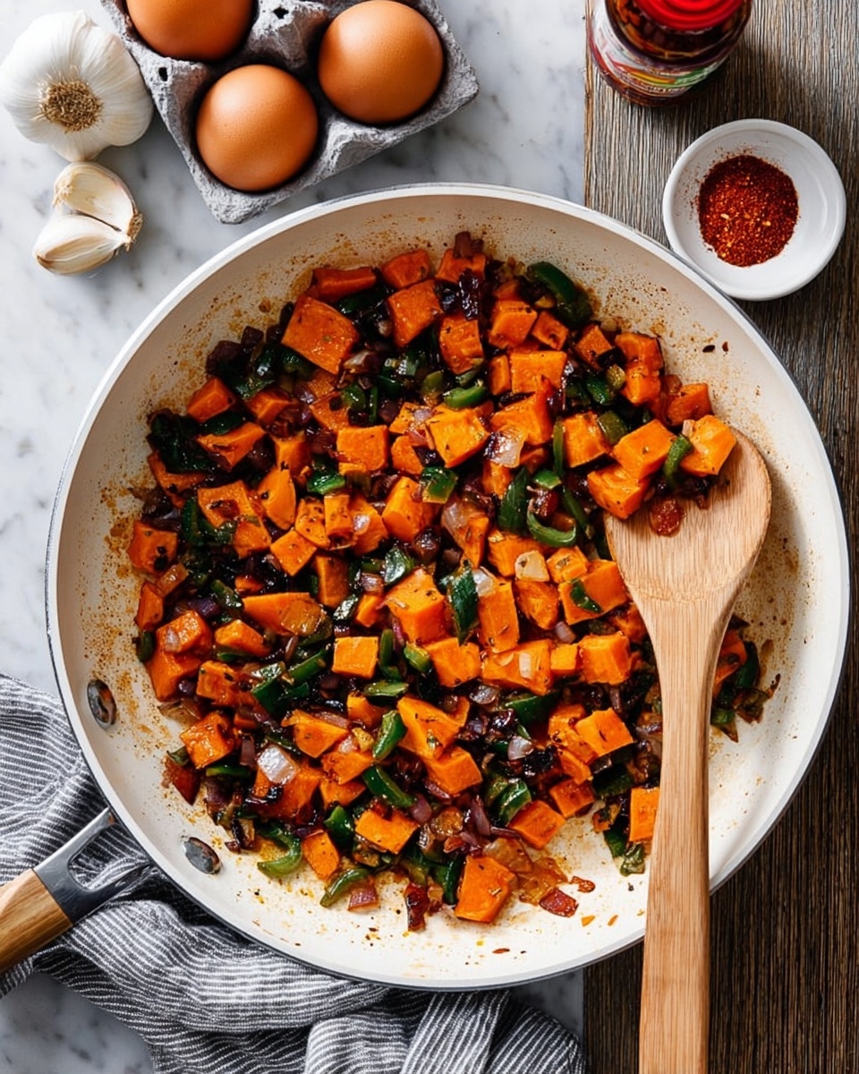A white pan filled with cooked diced orange sweet potatoes mixed with dark green bell pepper pieces and small bits of cooked red onion, all lightly browned and sautéed, is shown from above. A wooden spoon rests inside the pan, slightly lifting some of the vegetables. In the background, there are three brown eggs in a gray carton, a bulb of garlic with a few cloves separated, a small white bowl filled with red spice, and a bottle with a red label. The pan is on a white marbled surface partially covered by a gray and white striped cloth. photo taken with an iphone --ar 4:5 --v 7