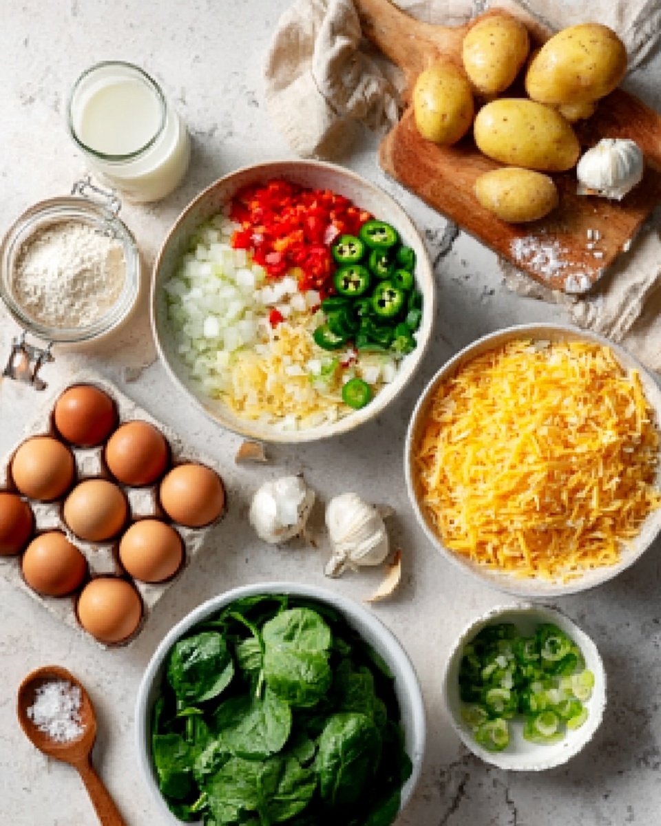 The image shows a white marbled surface with several white bowls and a wooden board holding ingredients for cooking. In the center is a white bowl filled with mixed chopped vegetables in layers: red diced peppers on top, white chopped onions below, and green chopped jalapeños beside two whole garlic cloves. To the right is a large white bowl full of yellow shredded cheese. Below that is a small white bowl with sliced green onions. At the bottom left is a large white bowl full of fresh spinach leaves. Nearby is a carton holding brown eggs with some eggs visible. On the wooden board at the top left are peeled diced potatoes, two whole yellow potatoes, and a wooden measuring spoon with some white powder next to a small jar of liquid. A glass of milk is on the left side. The whole scene looks fresh and ready for cooking, photo taken with an iphone --ar 4:5 --v 7