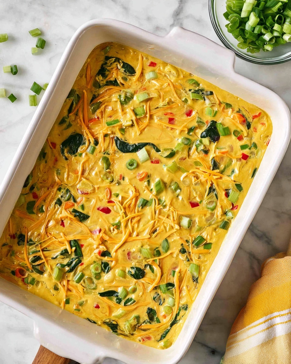 A white rectangular baking dish filled with a thick, yellow egg mixture that forms the base layer, studded with colorful ingredients including bright green chopped spring onions, dark green spinach leaves, small red bell pepper pieces, and thin strands of orange shredded cheese spread evenly throughout. The mixture looks well combined but not fully mixed, showing distinct bits of each vegetable. The baking dish is placed on a white marbled surface with a small glass bowl containing more chopped green onions partly visible in the top right corner, and a yellow and white cloth is at the bottom right corner. Photo taken with an iphone --ar 4:5 --v 7
