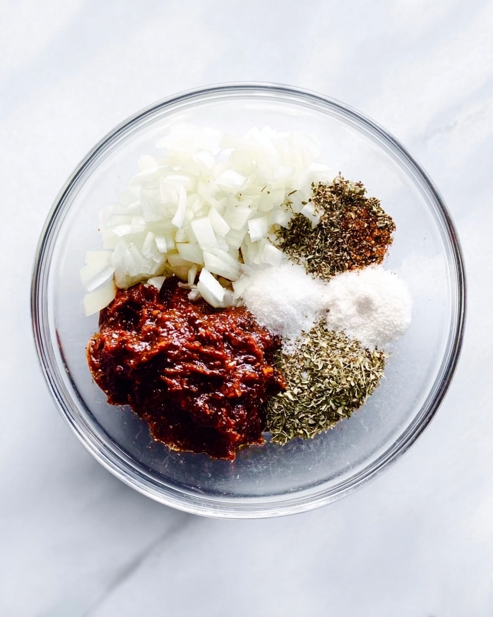 In a clear glass bowl placed on a white marbled surface, there are six separate layers of ingredients arranged in small piles. At the top left is finely chopped white onion, next to the right is thinly sliced white onion. Below the onions, there are greenish dried herbs forming a small mound on the bottom right. Beside the herbs is a small pile of white granulated sugar, and next to it towards the center is a small heap of dark ground black pepper. On the left side, filling a large section, is a thick, dark red paste with a slightly rough texture. Photo taken with an iphone --ar 4:5 --v 7