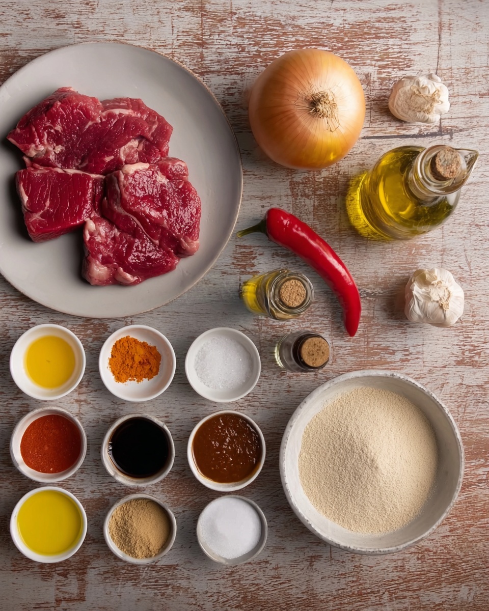 The image shows a wooden surface with various cooking ingredients placed on it. In the middle, there is a white plate holding three pieces of raw red meat with some white fat along the edges. Above the plate, there is a whole yellow onion and a red chili pepper next to it. To the right of the onion and chili, there is a small glass bottle of cooking oil and a small white bowl filled with a white powdery ingredient. Below that bowl is another white bowl, bigger in size, filled with a light beige powder. On the left side of the image, there are several small white bowls and containers arranged in a rough square shape. These bowls hold salt, a clear yellow liquid, tomato paste, ground black pepper, a reddish sauce, a dark brown soy-like sauce, and a small amount of ginger paste. There are also two garlic cloves placed beside the bowls and a small bottle of clear vinegar above the bowls. The entire setup stands on a white marbled textured surface. Photo taken with an iphone --ar 4:5 --v 7
