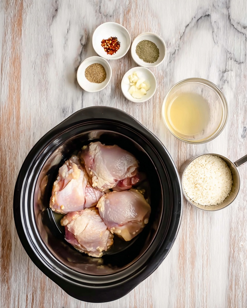 A black slow cooker sits on a white marbled surface, filled with four pieces of raw chicken, pale pink with some white fat patches, placed at the bottom in a single layer. To the left of the cooker, there are five small bowls and containers arranged vertically: at the top, a white bowl divided into five sections with different spices showing varied colors – white salt, black pepper, red chili flakes, beige powder, and green dried herb; below it, a glass bowl with pale yellow liquid; next, a small metallic bowl with minced garlic; and finally, a metal measuring cup filled with white uncooked rice. Photo taken with an iphone --ar 4:5 --v 7