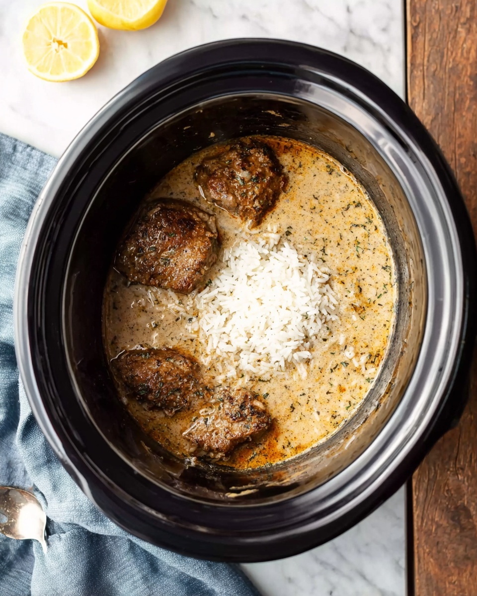 The image shows a black slow cooker filled with three browned pieces of cooked meat partially covered by a light beige sauce with small herbs. In the center of the slow cooker, there is a small pile of white rice sitting on top of the sauce and meat. The slow cooker is placed on a white marbled surface. Next to it, there is a folded blue-grey cloth. A silver spoon handle can be seen on the left edge of the image, and a lemon slice partially appears at the top left corner. photo taken with an iphone --ar 4:5 --v 7