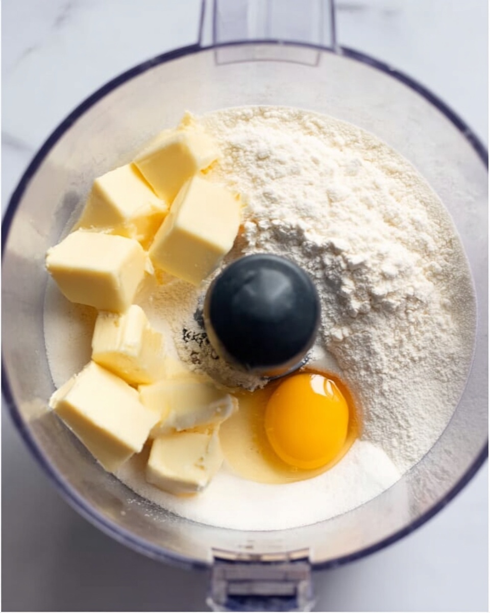 The image shows a clear food processor bowl on a white marbled surface. Inside the bowl, there are three main layers visible: a thick layer of white sugar covering most of the bottom, several small cubes of pale yellow butter on the left side, and a cracked raw egg with a bright yellow yolk on the right side. In the center, a round black part of the food processor is visible, holding a small pile of white flour. The overall colors show a mix of white, pale yellow, and light orange on a clear container with the white marbled texture underneath. photo taken with an iphone --ar 4:5 --v 7
