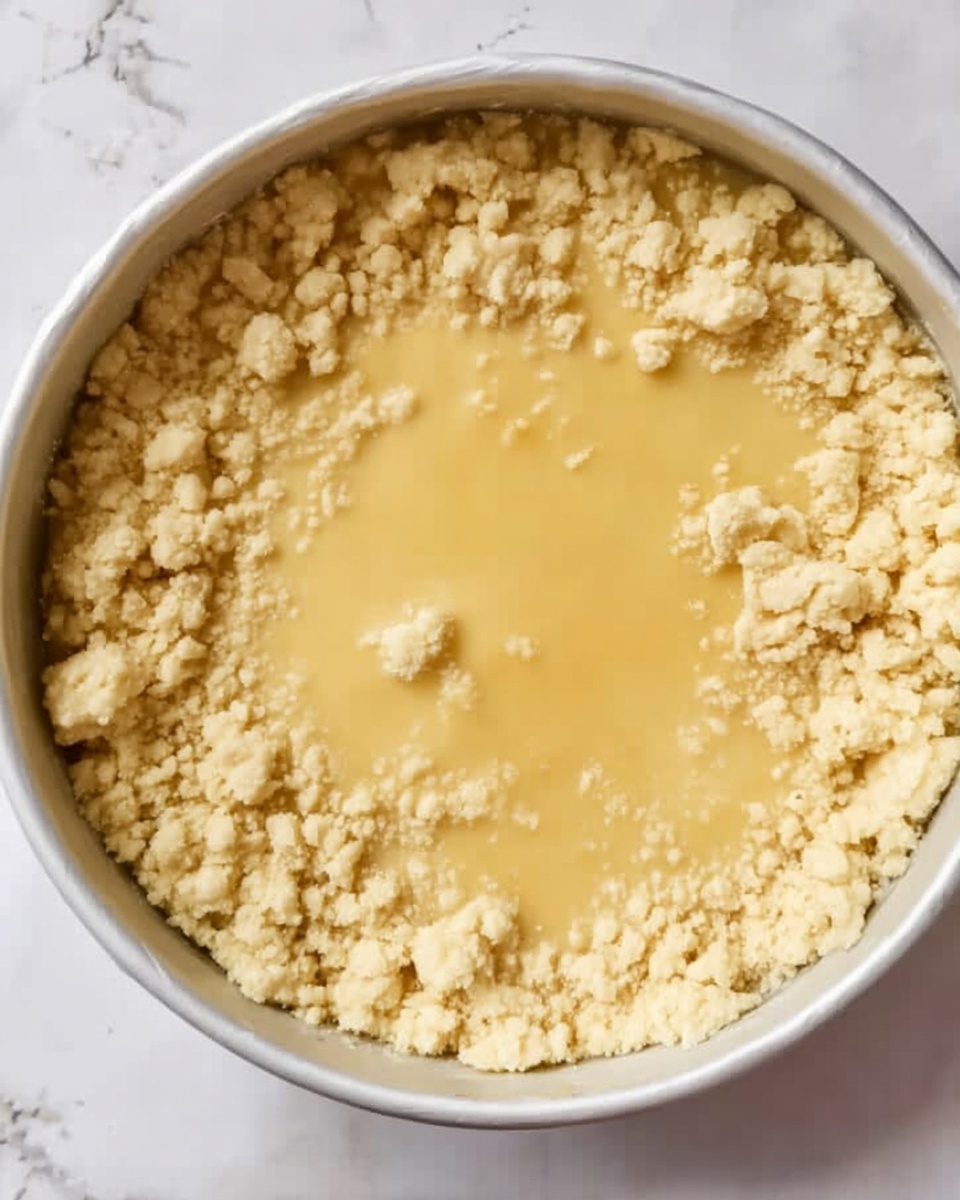 A round white baking pan filled with two visible layers: the bottom layer is smooth and glossy, pale yellow in color, likely a custard or batter, and the top layer is crumbly and uneven, light beige in color, spreading through the surface like small clusters of dough; the pan is placed on a white marbled surface photo taken with an iphone --ar 4:5 --v 7
