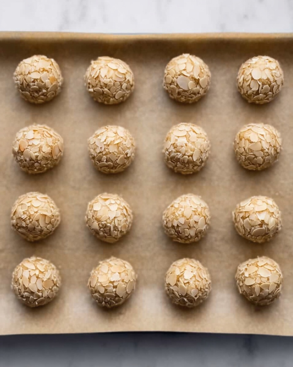 The image shows 15 round dough balls placed evenly on a baking tray lined with parchment paper. Each dough ball is covered with thin almond slices, giving a light beige color with a textured, slightly rough surface from the almond pieces. The dough balls are aligned in three rows of five, and the tray sits on a white marbled surface. The overall look is neat and uniform, with the almond slices adding layer-like detail on each ball. Photo taken with an iphone --ar 4:5 --v 7