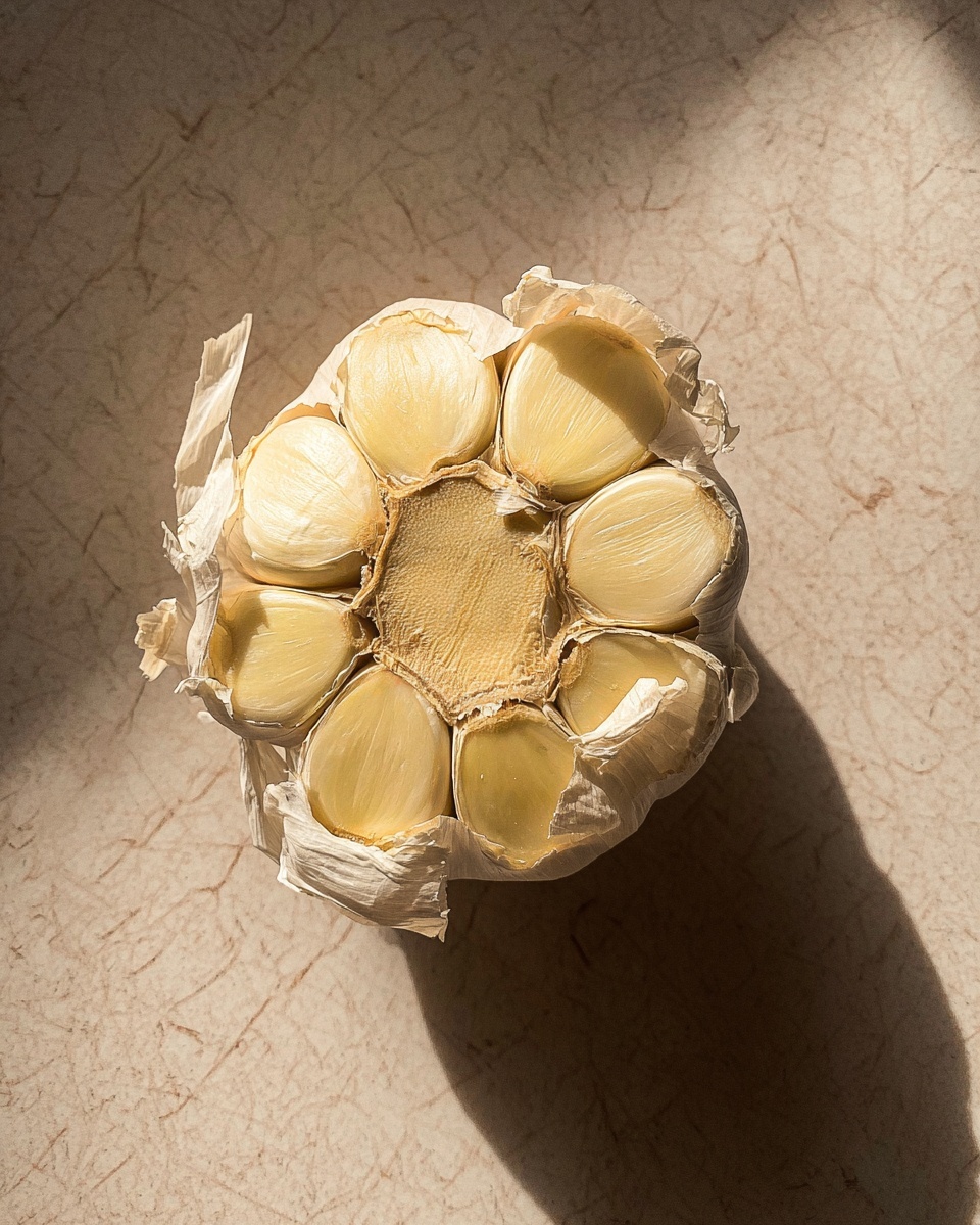 A top view of a garlic bulb that is cut at the top, showing several cloves packed tightly together in an uneven circle. The cloves are light yellow with a smooth texture, surrounded by dry, papery white skin peeling gently at the edges. The garlic is placed on a white marbled textured surface with a dark, soft-edged shadow falling to the left side of the bulb. The scene has warm lighting highlighting the garlic's natural shine and rough outer skin. photo taken with an iphone --ar 4:5 --v 7