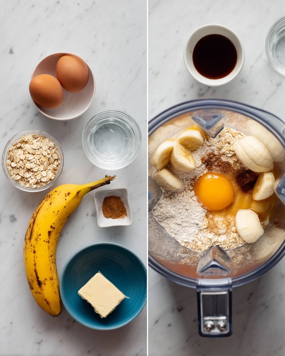 The image is split into two parts showing ingredients for baking. On the left side, a white marbled surface holds a small white bowl with two brown eggs, a ripe yellow banana with brown spots, a small cube of butter, a small white bowl with dark syrup, a small white bowl with vanilla, a glass of water, a blue bowl full of oats, and a small pinch of brown spice. On the right side, inside a silver blender, there are peeled banana pieces, oats, white flour, a cracked egg yolk, and some brown powder, all layered together. photo taken with an iphone --ar 4:5 --v 7