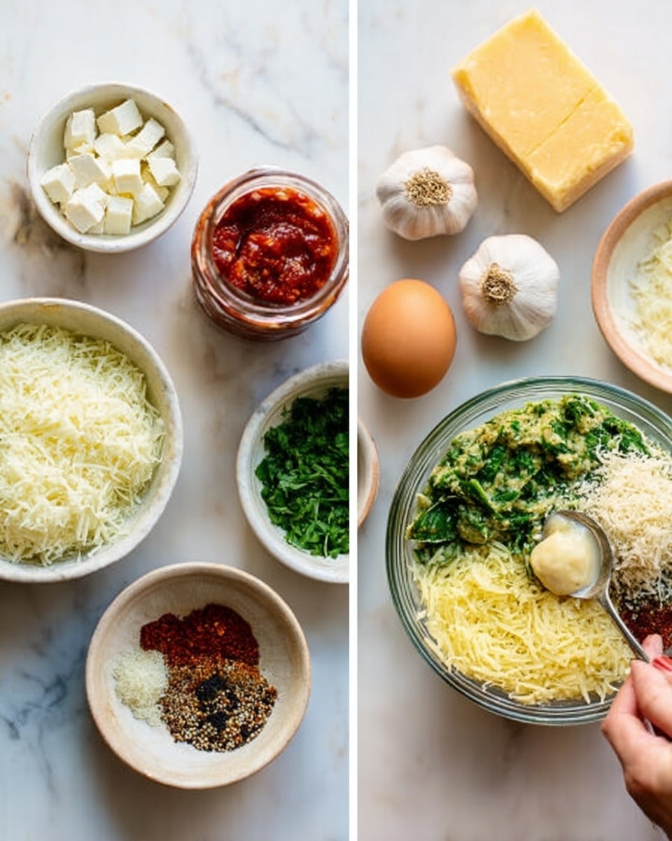The image shows two parts side by side on a white marbled surface. On the left, several small bowls hold ingredients: one white bowl with soft white cheese, one white bowl with chopped green herbs, one white bowl with grated cheese, a small glass jar with red sauce, a wedge of yellow cheese, a brown egg, and two garlic cloves. On the right, a clear glass bowl is filled with layers including a thick green leafy mixture covering half the bowl, a heap of yellow grated cheese, a light brown paste near the cheese, some black and red spices sprinkled on the side, and finely chopped red and white bits. A woman's hand holding a small spoon is about to mix or add to the bowl. Photo taken with an iphone --ar 4:5 --v 7