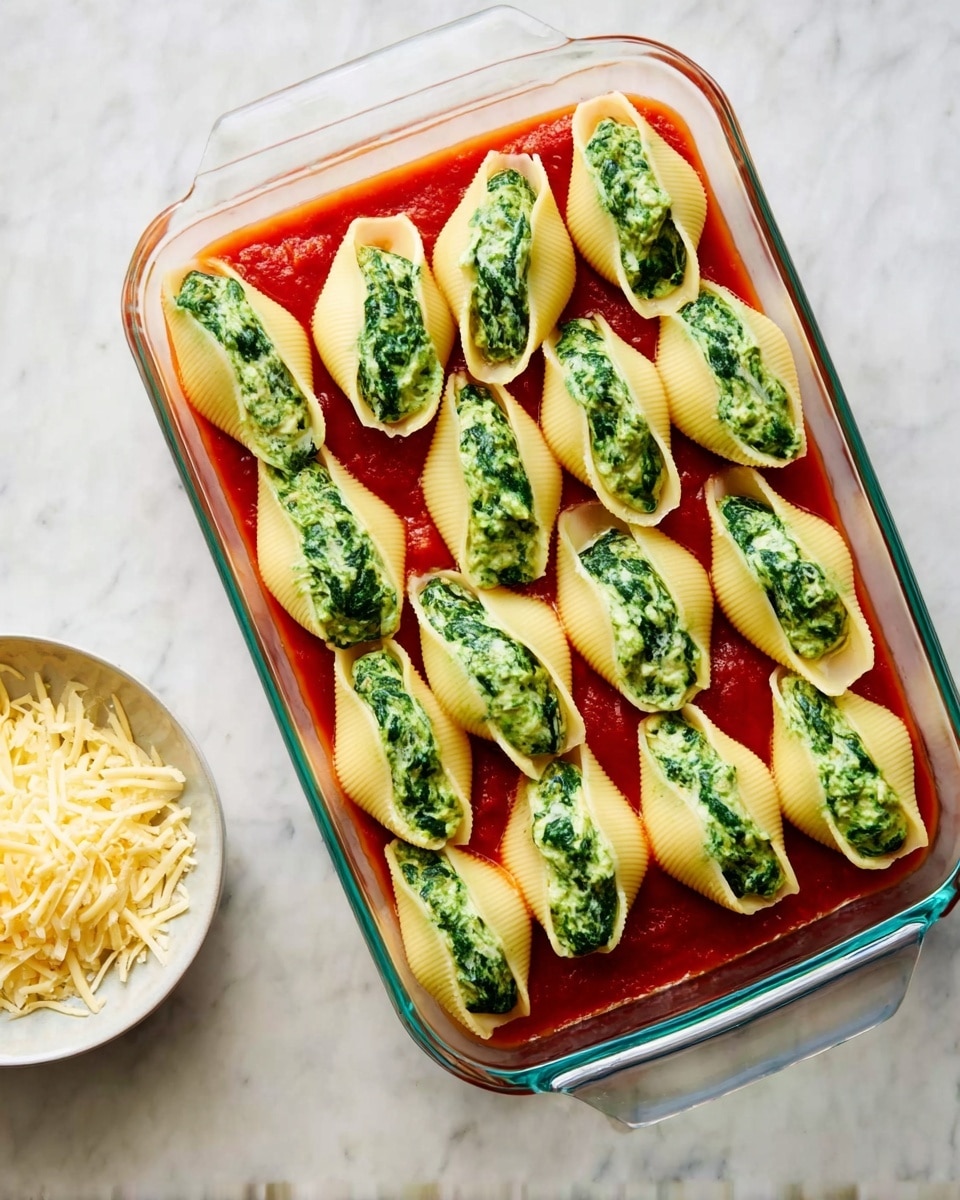 A clear rectangular glass baking dish sits on a white marbled surface, filled with a single layer of bright red tomato sauce at the bottom. On top, there are twenty pasta shells arranged in neat rows, each stuffed with a vibrant green spinach mixture that looks creamy and smooth. The pasta shells are pale yellow and have a firm texture, with each shell holding an evenly filled scoop of the green filling. To the lower left of the dish, a small white bowl filled with shredded light yellow cheese is partially visible. Photo taken with an iphone --ar 4:5 --v 7