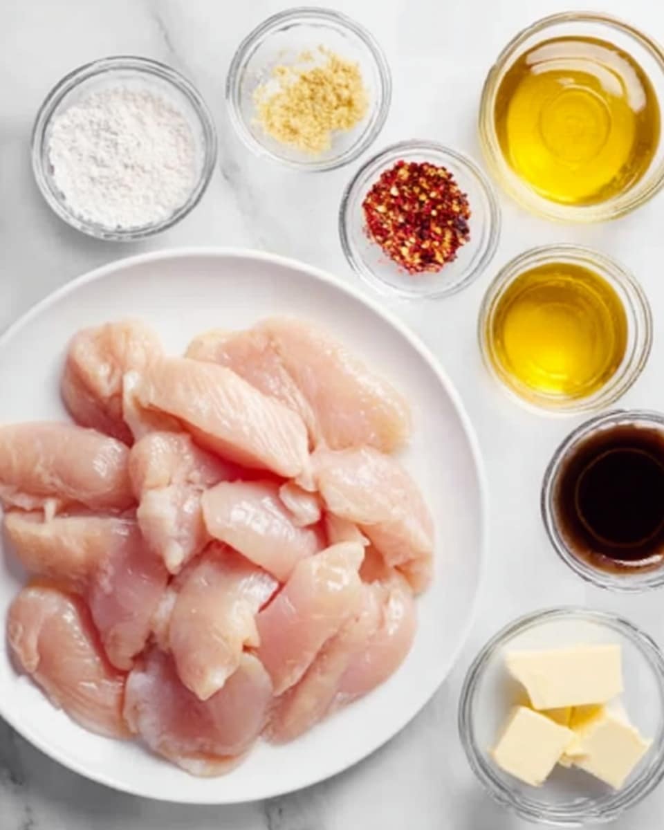 A white plate is filled with many raw pieces of light pink chicken meat arranged in a slightly overlapping way, placed on a white marbled surface. Around the plate, there are small clear glass bowls containing different ingredients: one bowl has a white powdery substance, another has a golden yellow liquid, one small bowl holds a dark liquid, and next to it are three tiny bowls with salt and pepper, red chili flakes, and minced pale yellow garlic. At the bottom right, there is a small glass bowl with two small pale yellow butter pieces. The overall scene is bright and clean, showing all ingredients neatly spaced. Photo taken with an iphone --ar 4:5 --v 7