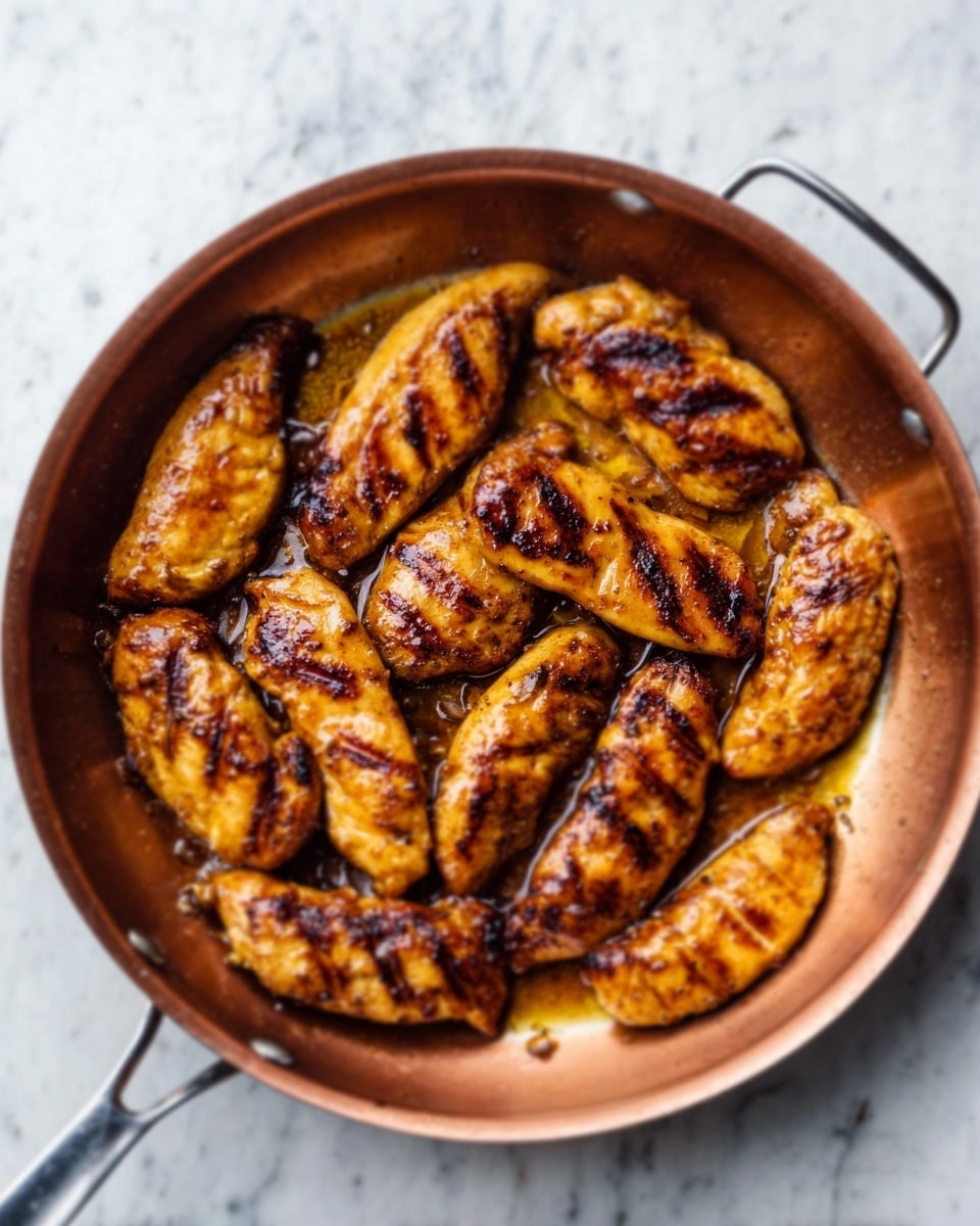 This image shows a copper pan resting on a white marbled surface, filled with several golden-brown cooked pieces of chicken with visible grill marks, arranged closely together inside the pan. The chicken pieces have a slightly shiny texture from oil or sauce, and you can see the pan’s metal handle on the side. photo taken with an iphone --ar 4:5 --v 7