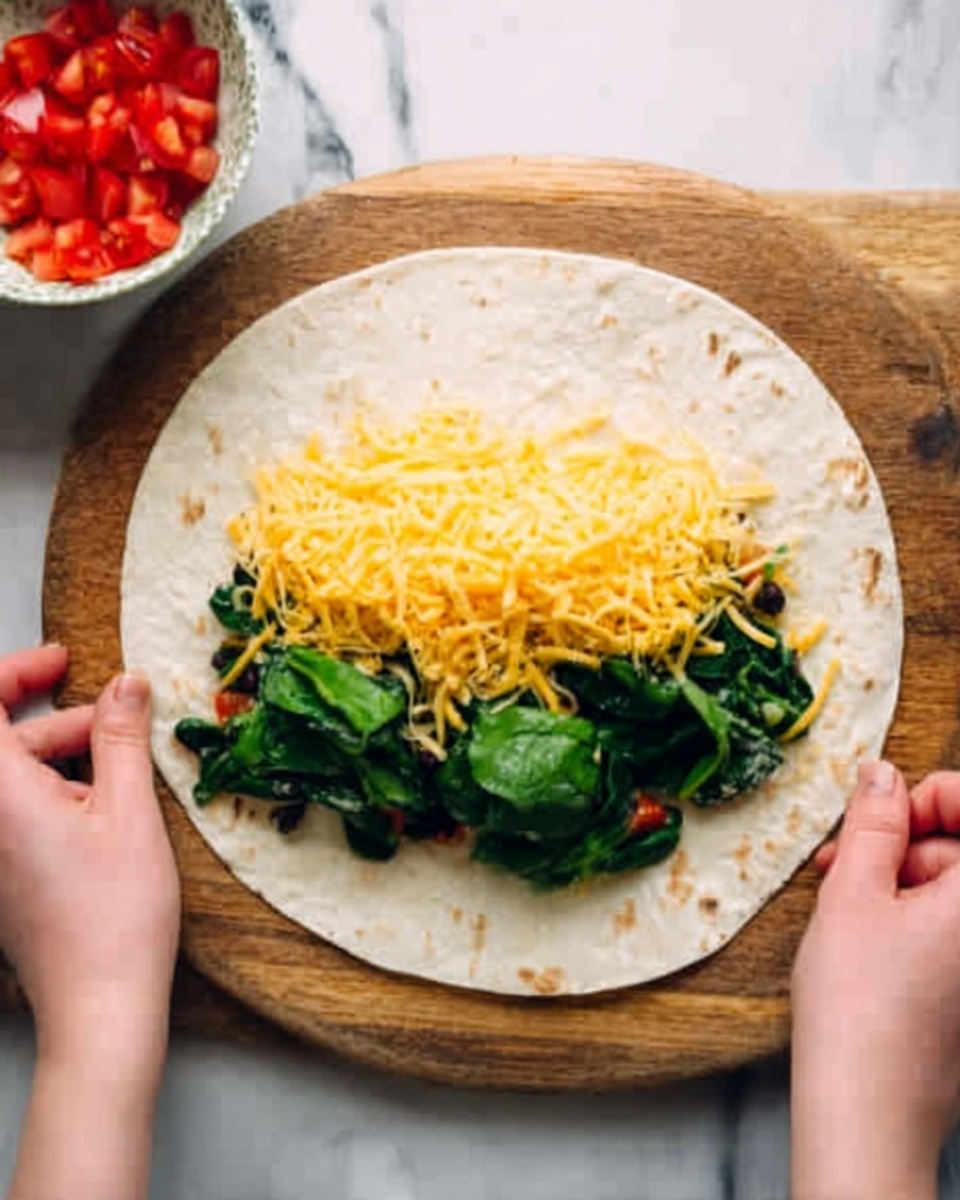 A white round tortilla is open flat on a wooden board, held by a woman's hands from both sides. On the bottom part of the tortilla, there is a layer of cooked dark green spinach and on top of it, a thick layer of shredded bright yellow cheese. To the left side, a small white ceramic bowl filled with chopped red tomatoes is visible. The background surface is white with a marbled texture. Photo taken with an iphone --ar 4:5 --v 7