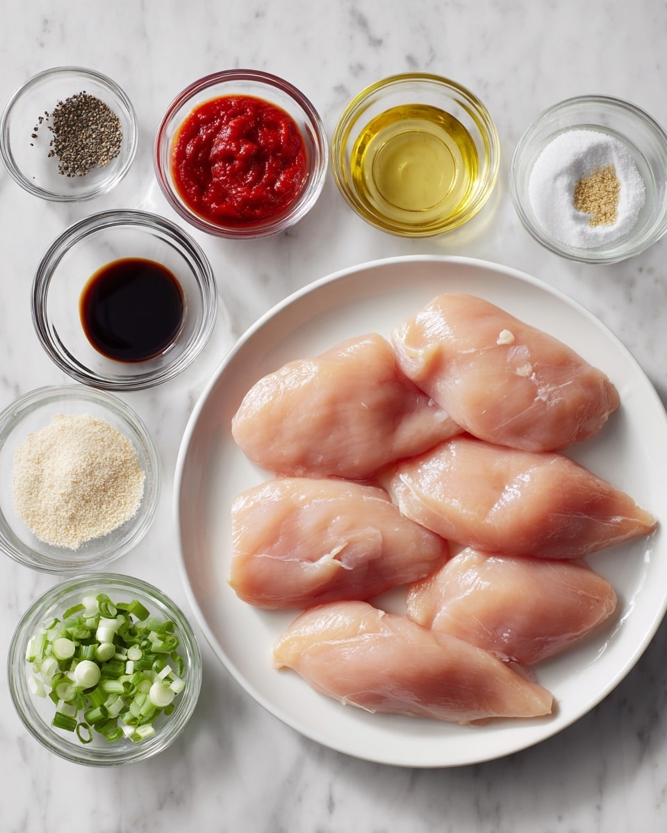 The image shows six raw chicken tender pieces neatly arranged on a white round plate. Surrounding the plate on a white marbled surface are several small clear glass bowls holding different ingredients: a bright red sauce, black pepper, white salt, dark soy sauce, green sliced scallions, light golden honey, beige garlic powder, white garlic powder, white baking powder, clear water, and clear oil. The overall setup looks clean and organized, ready for cooking. Photo taken with an iphone --ar 4:5 --v 7