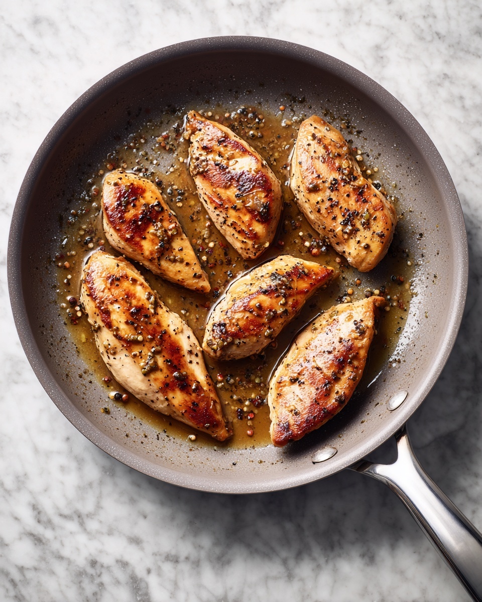 Seven cooked chicken slices with a golden brown, slightly charred surface are arranged in a circle in a round grey frying pan, coated lightly with dark brown sauce and small spices. The pan has a metal handle and is placed on a white marbled texture surface. The chicken pieces show a cooked texture with some shine from the sauce photo taken with an iphone --ar 4:5 --v 7