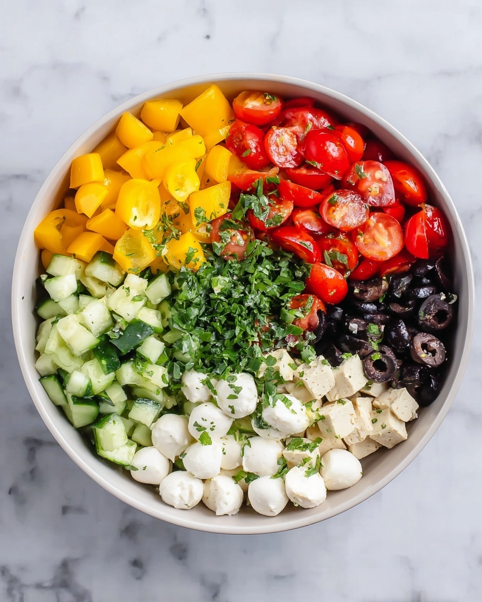 A white bowl filled with a colorful salad on a white marbled surface. The salad has seven visible layers arranged in sections: bright yellow diced bell peppers on the top left, next to red chopped cherry tomatoes on the top center, and black sliced olives on the top right. Below these are small white mozzarella balls scattered mainly along the left and center, with green chopped fresh herbs piled in the middle. The bottom left and center layers show thick green cucumber chunks, and on the far right is a light beige layer of tofu or a similar ingredient. The salad looks fresh and clean with a light dressing drizzled on top. photo taken with an iphone --ar 4:5 --v 7