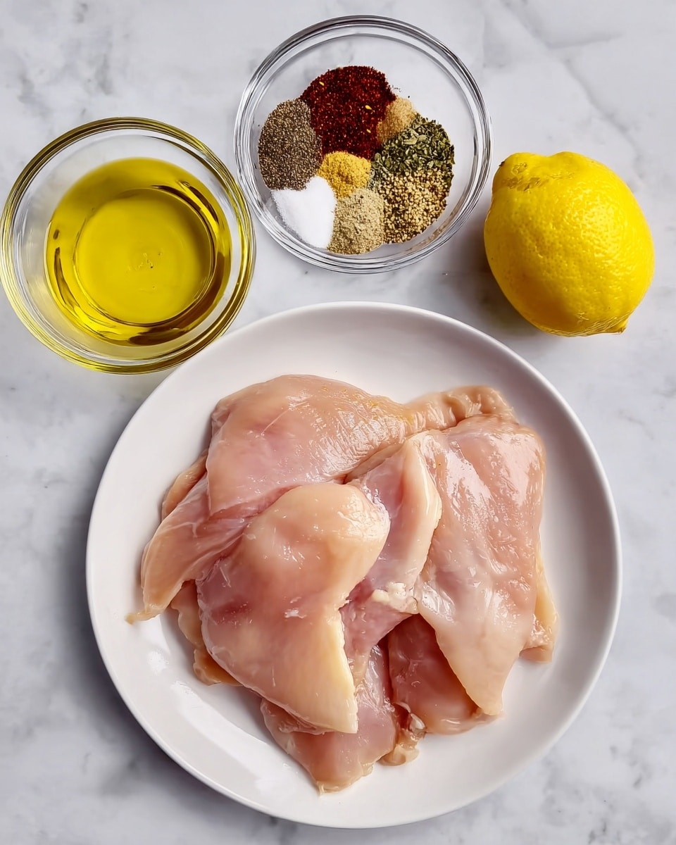 The image shows a white plate filled with several pieces of raw chicken that have a pale pink color and smooth, slightly shiny texture. Above the plate, there are two small clear glass bowls; one contains yellow olive oil and the other holds a mix of different spices in five sections – light brown, dark red, black, green, and white. To the right of the bowls, there is a whole yellow lemon with a slightly bumpy skin. All items are placed on a white marbled surface that adds light gray veining detail behind them. photo taken with an iphone --ar 4:5 --v 7