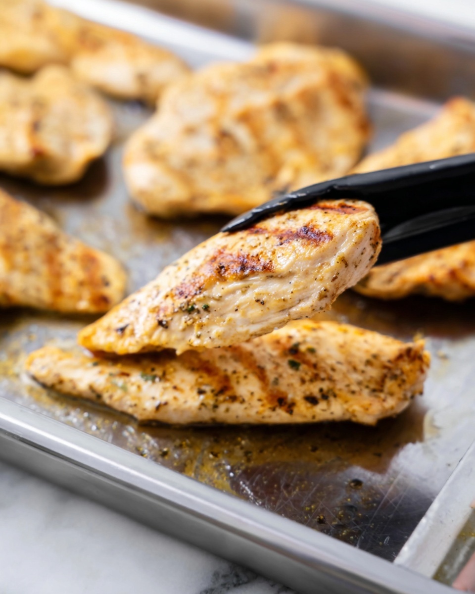 The image shows several pieces of cooked chicken with light brown grill marks, arranged on a shiny metal baking tray. A woman's hand holding black tongs is lifting one piece of chicken, revealing its golden, slightly crispy texture. The chicken pieces have a thin, slightly rough surface with small specks of seasoning visible. The background is a white marbled texture. photo taken with an iphone --ar 4:5 --v 7