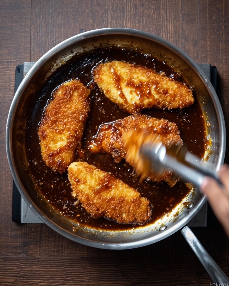 A close-up view of a stainless steel frying pan holding five pieces of golden brown chicken cooking in dark brown sauce. The chicken pieces vary in size and are placed evenly inside the pan. Some pieces are more crispy and light golden while others are deeper brown and coated in the thick sauce. A woman's hand using metal tongs is turning a chicken piece, creating motion blur on the tongs and chicken. The pan is shown on a dark wooden surface. photo taken with an iphone --ar 4:5 --v 7