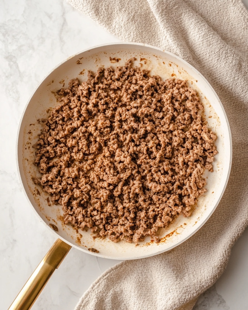 The image shows a white pan with a golden handle filled with cooked ground meat. The meat is brown and crumbly, spread evenly across the pan's base. There are some browned bits around the edges, giving a slightly crispy texture. The pan is placed on a white marbled surface with a soft beige cloth nearby. The scene looks clean and simple, focusing on the cooked meat. photo taken with an iphone --ar 4:5 --v 7