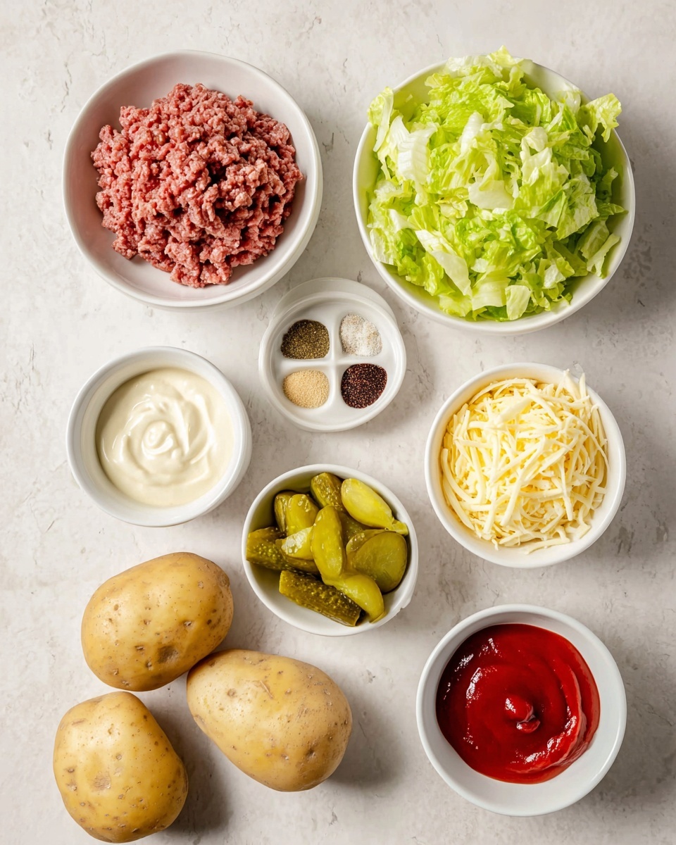 The image shows eight white bowls and three whole potatoes arranged on a white marbled surface. On the top left, there is a bowl with raw ground meat, textured with visible strands. Next to it on the right is a bowl filled with chopped green lettuce layers. Below those, in the middle, is a small white bowl divided into six spice sections featuring colors like red, black, and beige in neat piles. To the right of the spices is a bowl containing green pickle slices stacked in layers. Below the spices, a smaller bowl holds a single light beige dollop of mustard or a similar sauce. To the right, a bowl has shredded pale yellow cheese arranged in a loose pile. On the bottom left is a bowl with a white creamy substance with a smooth texture. Next to it, on the right, is a small white bowl with bright red ketchup. The three potatoes at the bottom left are whole, light brown with smooth textures, placed close together. photo taken with an iphone --ar 4:5 --v 7