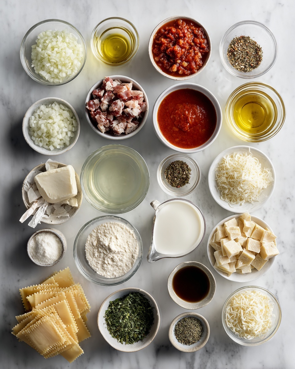 Top-down professional food photography, flat lay style, bright white marble countertop, neatly arranged, evenly spaced, tidy, clean organized layout. Include: small bowl of finely diced onion, small bowl of minced garlic, small glass cup of olive oil, small bowl of prepared meat pieces, small bowl of tomato paste, small bowl of dried Italian herbs, small bowl of salt, glass measuring cup of diced tomatoes, glass measuring cup of clear broth, small plate of dairy free butter, small bowl of plain flour, glass measuring cup of oat milk, small bowl of nutritional yeast, small bowl of freshly grated nutmeg, pile of dried lasagne sheets, small bowl of shredded dairy free cheese, small bowl of chopped fresh parsley or basil. Bright soft natural lighting, sharp focus, high detail textures, realistic reflections, professional DSLR look, 4K, no finished dish, no cooked food, no hands, no text, no watermark, no brand logos --ar 4:5 --v 7