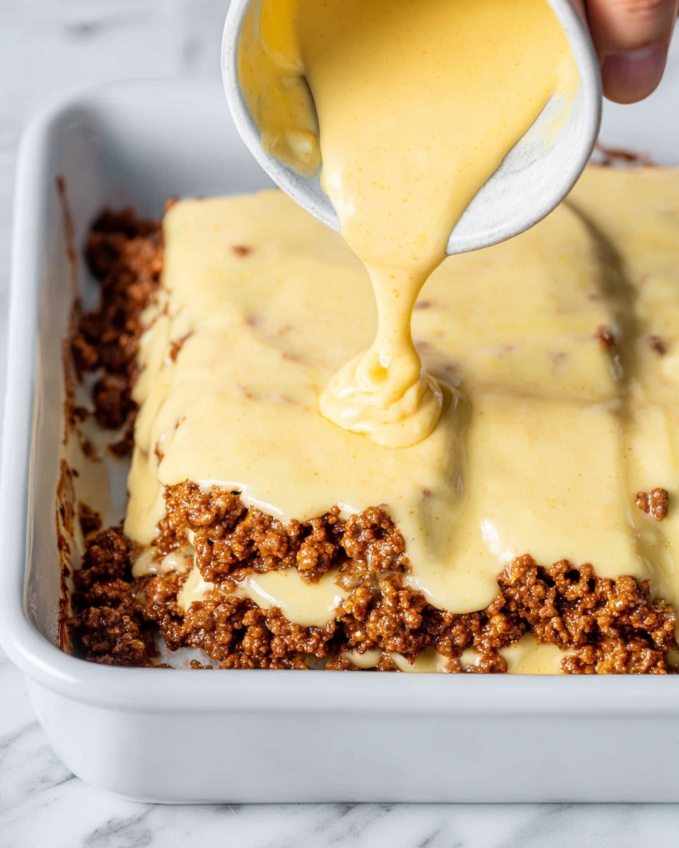 The image shows a dish in a white tray filled with crumbled cooked ground meat as the bottom layer, which has a rich brown color and a slightly rough texture. On top, there is a thick, smooth layer of pale yellow melted cheese evenly covering the meat, with some areas showing small bubbles and a creamy appearance. A white cup held by a woman's hand is pouring more melted cheese over the dish, adding a glossy shine to the top layer. The background surface is white marble with soft veins, enhancing the dish's warm colors. photo taken with an iphone --ar 4:5 --v 7