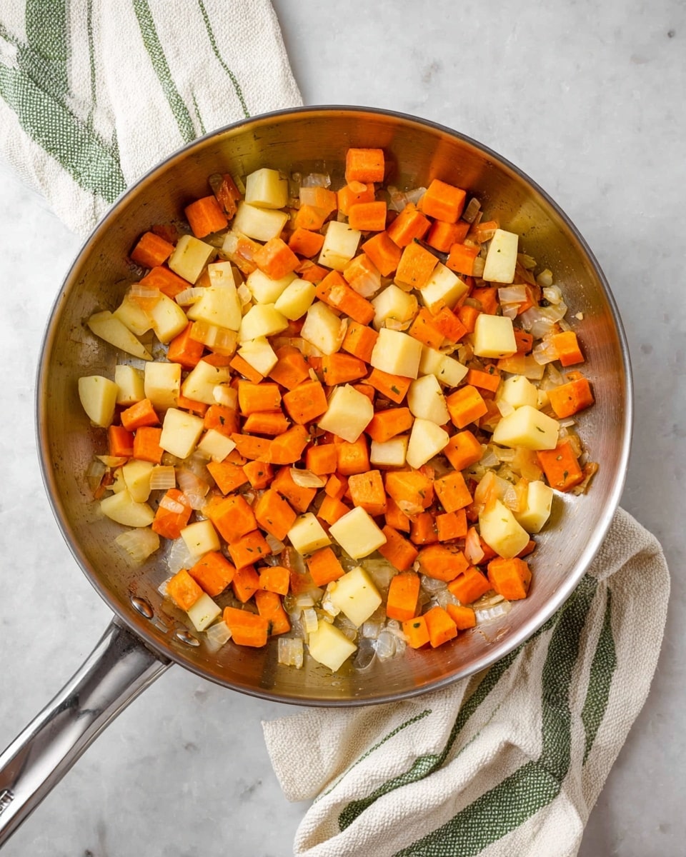 A silver pan filled with two types of diced vegetables: bright orange carrots and pale yellow potatoes, both cut into small cubes, mixed with small pieces of softened onion. The vegetables cover the whole pan bottom, showing some light sauté marks on the shiny metal. The pan rests on a white marbled surface with a white cloth featuring thin green stripes folded partially under the pan handle. Photo taken with an iphone --ar 4:5 --v 7