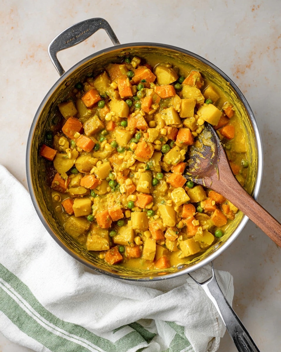 A metal pan filled with a mixed vegetable curry showing cubed orange carrots, yellow potatoes, green peas, and small corn kernels, all coated in a creamy yellow sauce. The pan has a long handle on the lower right and a metal handle on the upper left. A wooden spoon lies inside the pan, partially covered with the sauce. Below the pan is a white cloth with green stripes, all placed on a white marbled surface. photo taken with an iphone --ar 4:5 --v 7