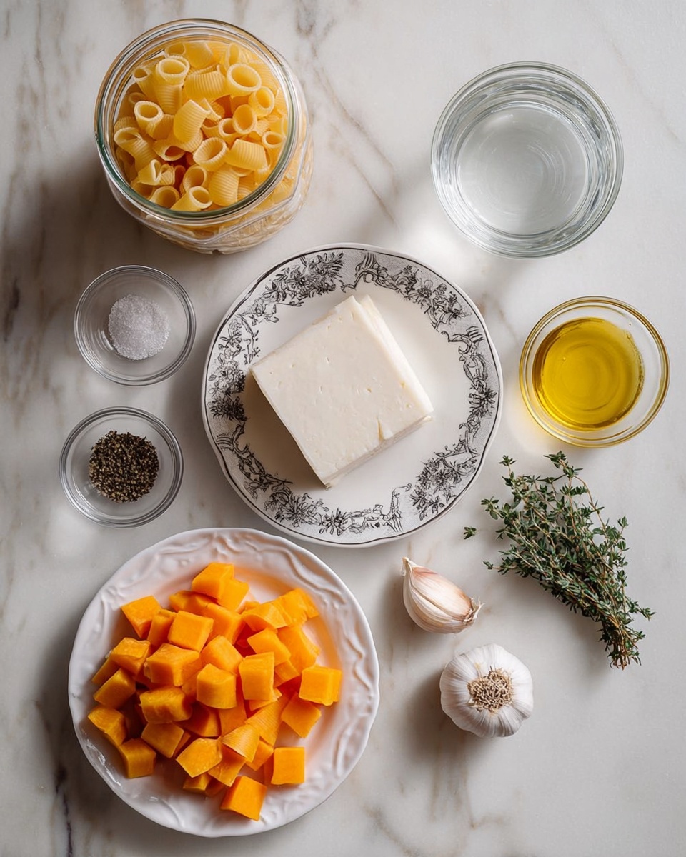 The image shows several cooking ingredients placed on a white marbled surface. At the top left, there is a clear glass jar filled with uncooked yellow pasta shells. To its right, another glass jar filled with clear water is present. Below these jars, a white plate with a delicate black patterned rim holds a large block of white cheese with a smooth texture. At the bottom left, a white plate with the same black rim is filled with bright orange cubed pieces of squash. Around these plates, there are small glass bowls with different seasonings: dried thyme leaves, black pepper, and salt. A whole garlic bulb and a single clove sit near the seasonings, alongside a sprig of fresh green thyme. Nearby is a small clear glass bowl filled with golden olive oil. The arrangement is neat and the colors of the ingredients stand out clearly against the white marbled background photo taken with an iphone --ar 4:5 --v 7
