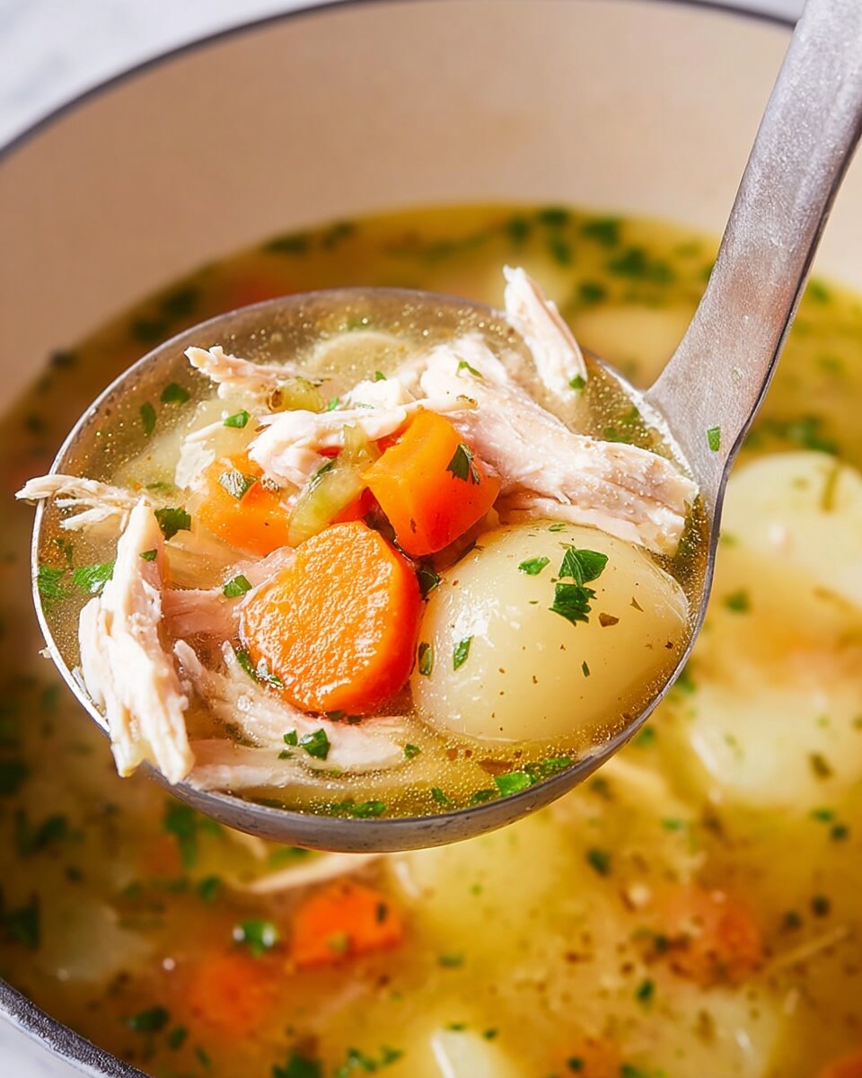A close-up view of a creamy soup with a smooth, pale beige base that is thick and rich in texture. Small, soft chunks of light-colored ingredients are partially submerged in the soup, giving subtle depth. Scattered evenly across the surface are fine, bright green pieces of chopped herbs, likely chives, adding a fresh contrast. Tiny specks of black pepper are sprinkled around, providing a dark accent against the light soup. The soup is presented on a white marbled surface. Photo taken with an iphone --ar 4:5 --v 7