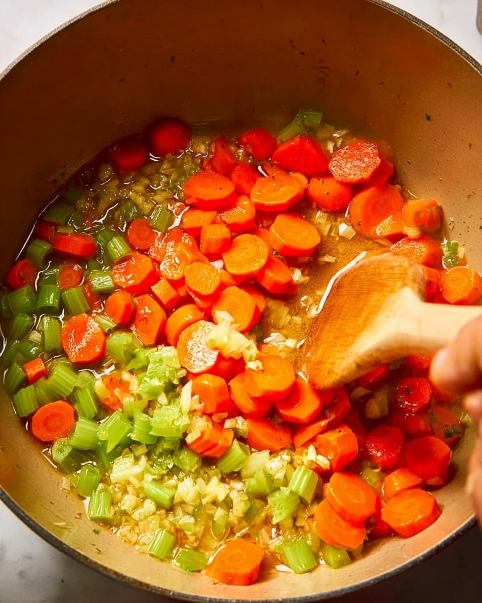 The image shows a cooking pot with two clear layers of ingredients being stirred by a wooden spoon held by a woman's hand. The bottom layer is a light brown surface of the pot with a thin shiny layer of oil. The top layer consists of bright orange round carrot slices and small green diced celery pieces mixed with finely chopped pale yellow garlic. The colors are vibrant with a glossy texture on the vegetables from the oil. This creates a fresh, colorful look as the wooden spoon moves gently through the mixture. photo taken with an iphone --ar 4:5 --v 7
