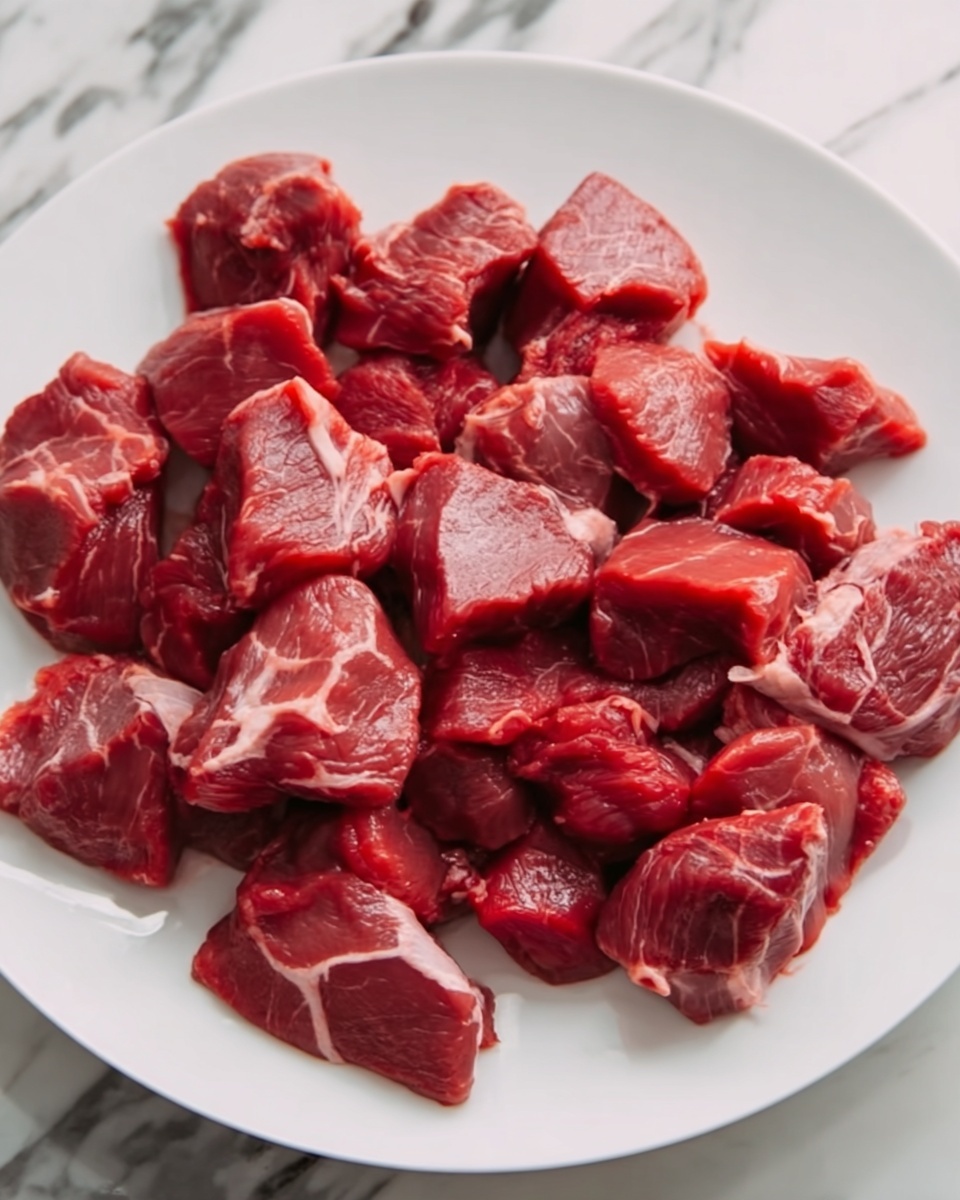 A white plate holds many small pieces of raw meat, each piece a deep red color with light veins of white fat running through them. The meat pieces are uneven in size and shape, appearing fresh and slightly glossy. The plate sits on a white marbled surface that contrasts with the rich red colors of the meat. photo taken with an iphone --ar 4:5 --v 7