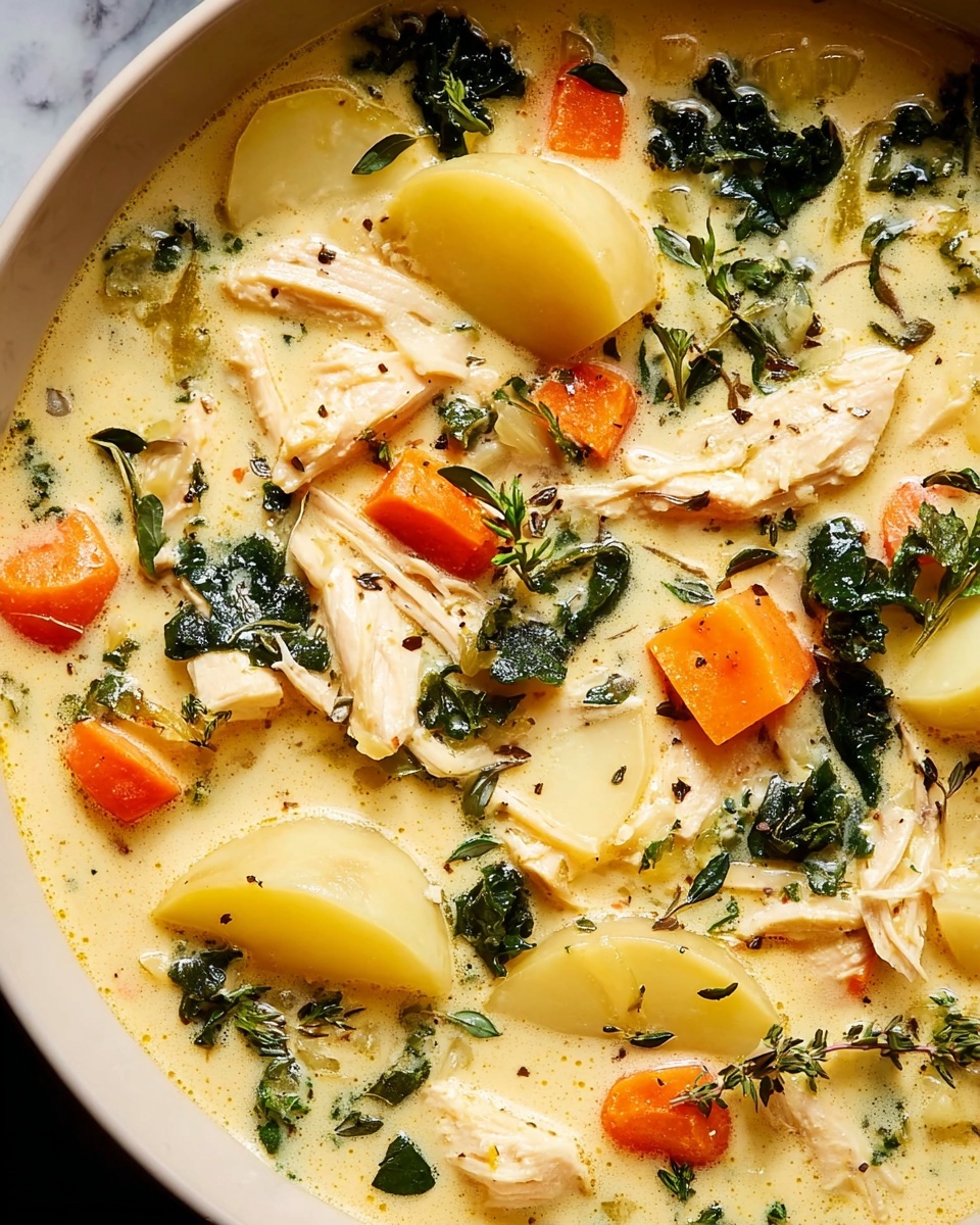 The dish is a creamy soup with several ingredients floating in it. The creamy broth is pale yellow and smooth, filling the whole white bowl. Inside the soup, there are light yellow potato slices with a soft texture, orange carrot pieces cut into small squares, and dark green leafy kale scattered throughout. There are also light beige shredded chicken pieces spread evenly around, and small green parsley leaves and sprigs of thyme floating on the surface. The whole bowl sits on a white marbled background. Photo taken with an iphone --ar 4:5 --v 7