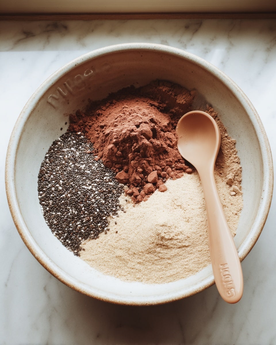 A round white ceramic bowl sits on a white marbled surface in soft natural light from a window above. Inside the bowl, three piles of dry ingredients are arranged in a triangular pattern: dark tiny chia seeds on the left, rich brown cocoa powder on the top, and light beige powder on the right. A beige spoon with a smooth handle rests on the right side of the bowl, partially lying on the beige powder. The bowl’s rim has a simple embossed brand name. Photo taken with an iphone --ar 4:5 --v 7