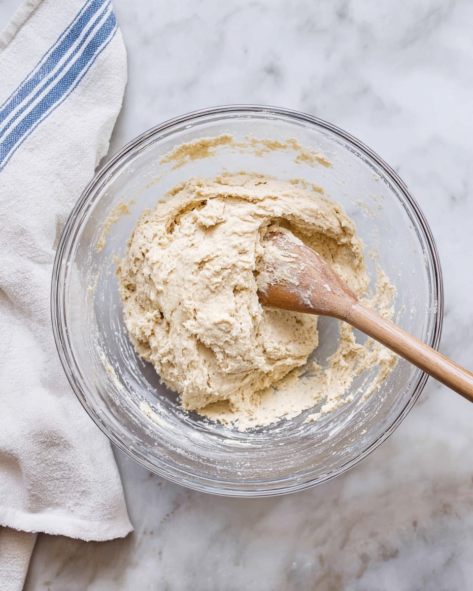 A clear glass bowl sits on a white marbled surface, filled with sticky, mixed dough that is light beige in color and has a slightly rough texture. Around the inside edges of the bowl, traces of dough cling, showing where it has been stirred. A wooden spoon with dough on its tip rests inside the bowl, angled to the right side. To the left of the bowl, a white cloth with two blue stripes lies folded, adding a soft touch to the scene. Photo taken with an iphone --ar 4:5 --v 7
