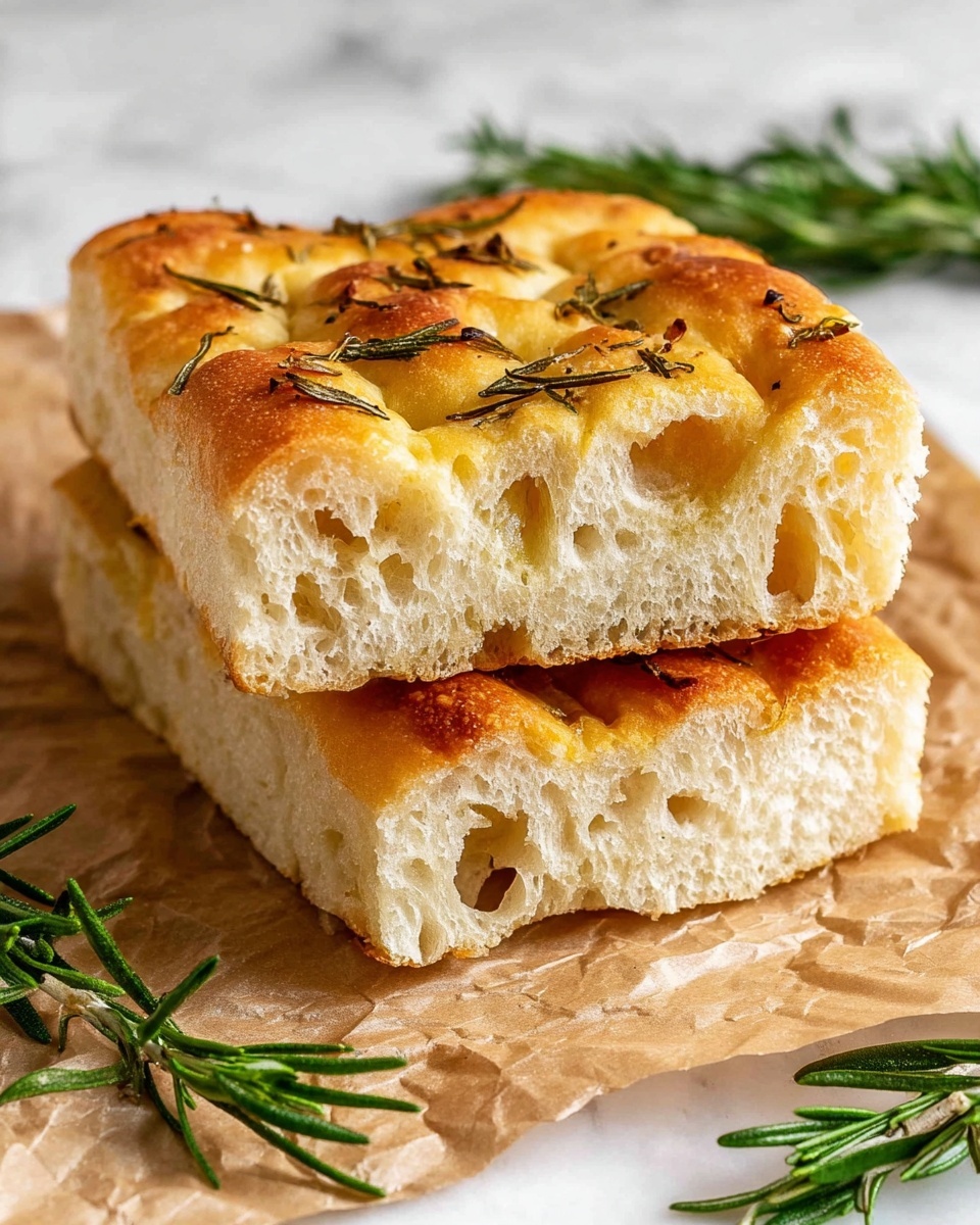 Two rectangular pieces of focaccia bread stacked on top of each other are placed on crinkled brown parchment paper. The bread has a golden-brown crust with slightly darker toasted spots on the top layer and is sprinkled with green rosemary leaves. The inside of the bread is light beige with many small air pockets, showing a soft and airy texture. Fresh rosemary sprigs lie around the bread, all set on a white marbled surface. Photo taken with an iphone --ar 4:5 --v 7