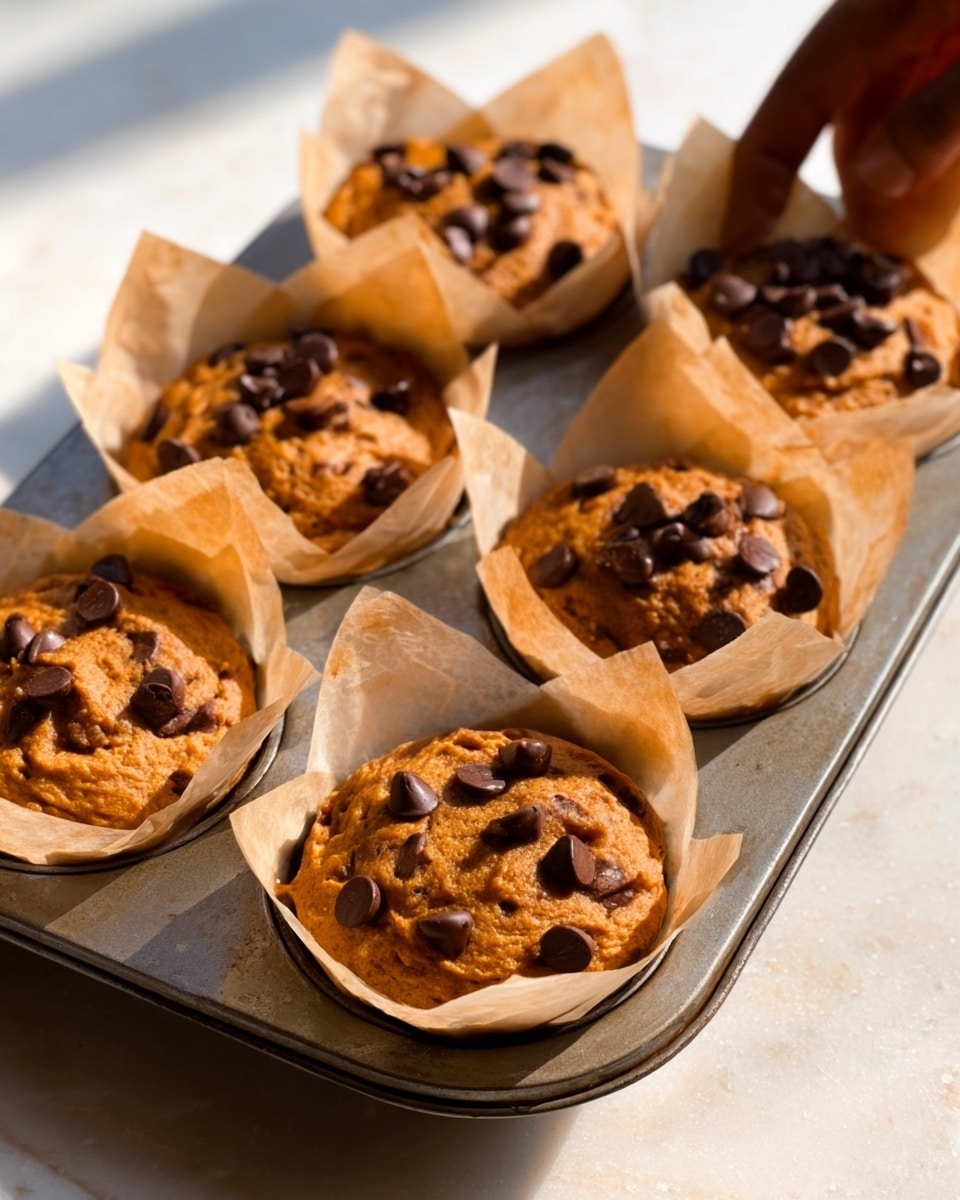 A metal muffin tray holds six muffins in white parchment paper cups. The muffins are golden brown with a soft, slightly rough texture and are topped with dark chocolate chips scattered mostly on the surface. The tray sits on a white marbled surface with warm natural light casting soft shadows, and there is a woman's hand visible in the top right corner gently touching one of the muffins. photo taken with an iphone --ar 4:5 --v 7