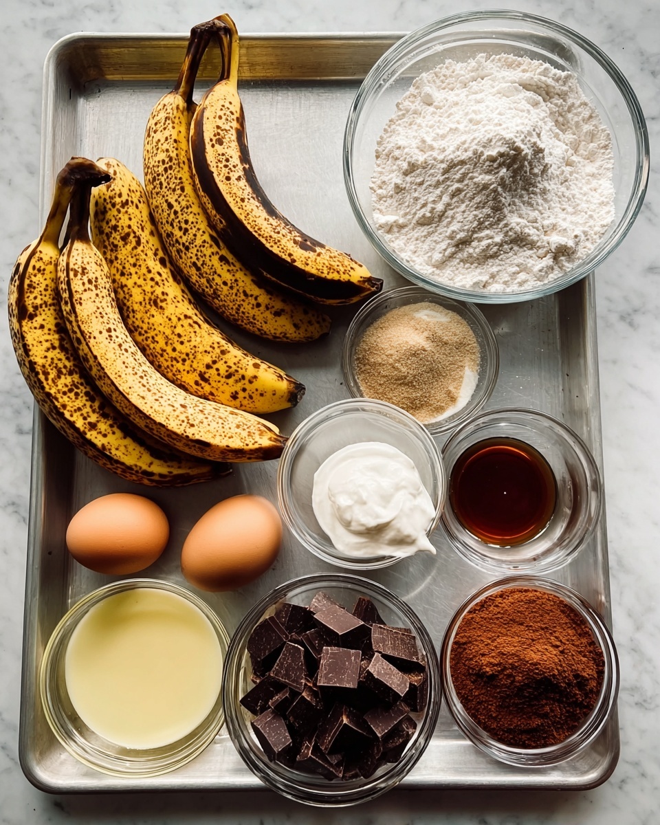 The image shows a metal tray on a white marbled surface holding several bowls and loose ingredients for baking. On the left side, there are four ripe spotted bananas with dark brown spots. In the top left corner, there is a clear glass bowl filled with white flour. Next to it, on the top right, is another clear glass bowl filled with fine white powder. Slightly below and in the middle is a small clear glass bowl with white and brown spices. Two brown eggs are placed to the right. Below the eggs is a small white bowl with light brown liquid, likely vanilla extract. Below the spices bowl in the center is a clear glass bowl with a dollop of white cream. Below that, on the bottom right, is a clear glass bowl filled with brown sugar. In the bottom left corner, there is a white bowl filled with chunks of dark chocolate. A clear glass bowl with a light yellow liquid is near the right edge of the tray. The whole setup is evenly lit with soft natural light. Photo taken with an iphone --ar 4:5 --v 7