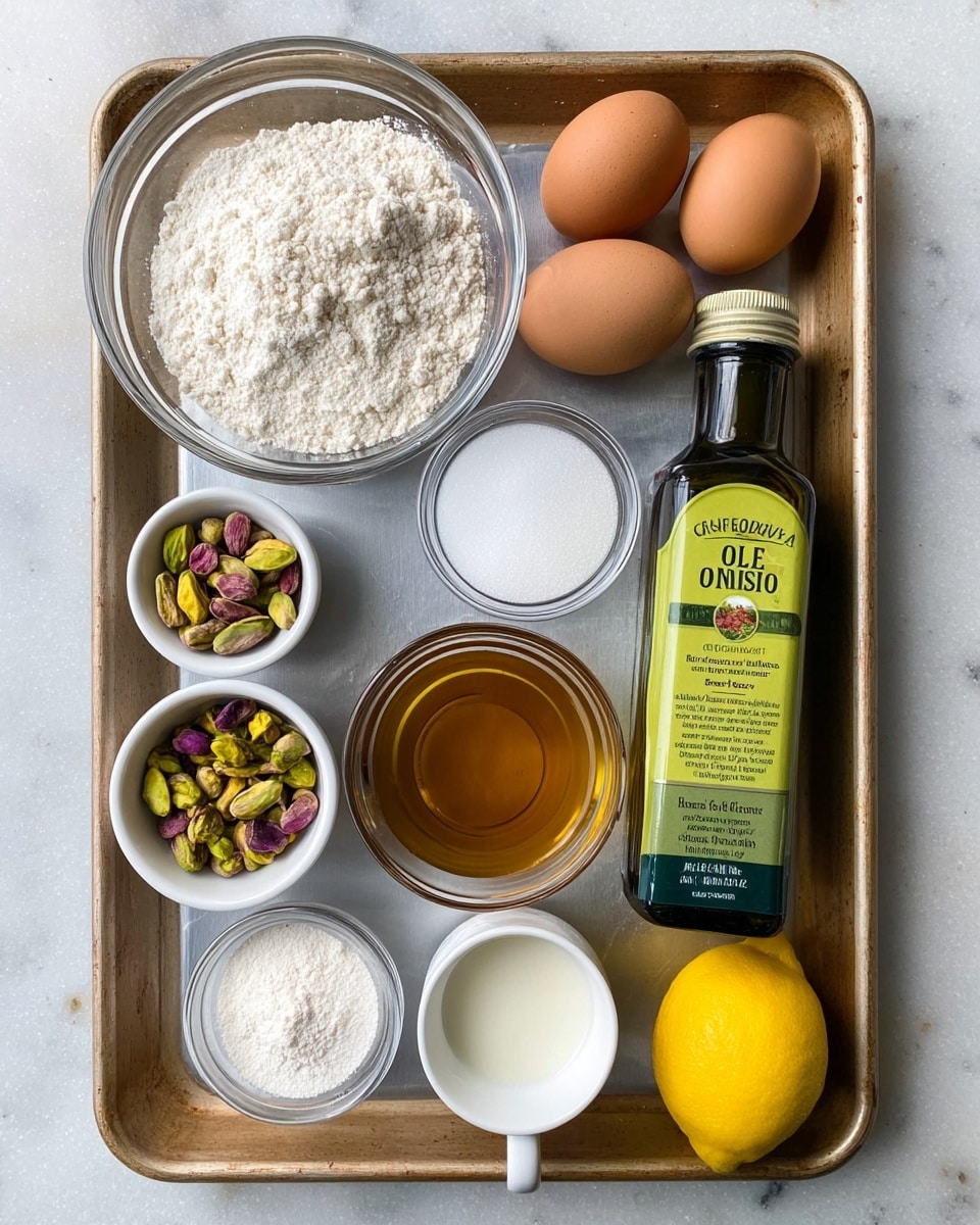 A metal tray holds several ingredients neatly arranged over a white marbled surface. At the top left is a clear glass bowl filled with white flour, and next to it on the right are three brown eggs. Below the eggs is a smaller clear glass bowl with white granulated sugar. In the bottom left corner, a white bowl contains green and purple pistachios. Next to the pistachios is a tiny white bowl with a white powder, likely baking powder, and beside that is a small glass bowl filled with amber-colored liquid. Centered on the tray is a tall green bottle of California Olive Ranch extra virgin olive oil. To the right of the bottle is a white ceramic cup holding a small amount of milk. A whole yellow lemon sits at the bottom right corner. photo taken with an iphone --ar 4:5 --v 7