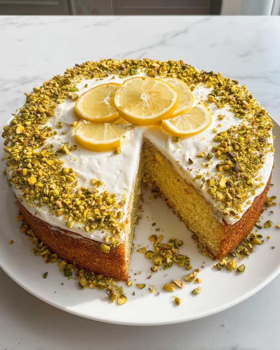 A round cake with one slice removed sits on a white plate on a white marbled surface. The cake has two layers: the bottom layer is golden brown and looks soft, while the top layer is a smooth white cream spread evenly across the surface. Crushed green pistachios are sprinkled thickly around the edges of the cream, with some scattered on the plate. Three thin lemon slices are placed in the center on top of the cream. The sides of the cake show the golden brown cake layer beneath the white cream. Photo taken with an iphone --ar 4:5 --v 7