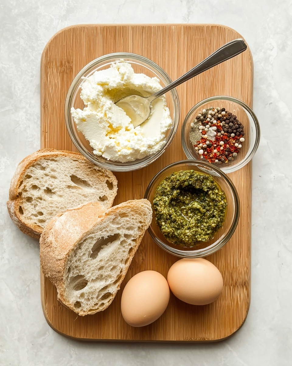 A wooden cutting board sits on a white marbled background, holding five ingredients arranged neatly. Near the top center, there is a clear glass bowl filled with soft, white cheese with a silver spoon resting inside it. To the right, a smaller clear glass bowl contains mixed spices showing black, white, and red specks. Below that, another clear bowl holds a thick, green pesto sauce. At the bottom left corner of the board, two thick slices of rustic white bread with a rough texture and airy holes are placed slightly overlapping. In the center, two light brown eggs are placed side by side on the wooden board. Photo taken with an iphone --ar 4:5 --v 7