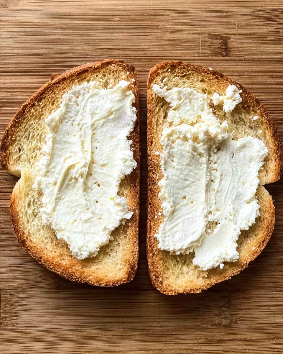 Two slices of toasted bread lie side by side on a wooden surface. Each slice is spread unevenly with a creamy white layer of soft cheese, showing a bit of the bread's brown texture underneath. The bread is light golden brown with a slightly rough and crunchy texture. The edges of the bread have a darker toasted color. Photo taken with an iphone --ar 4:5 --v 7
