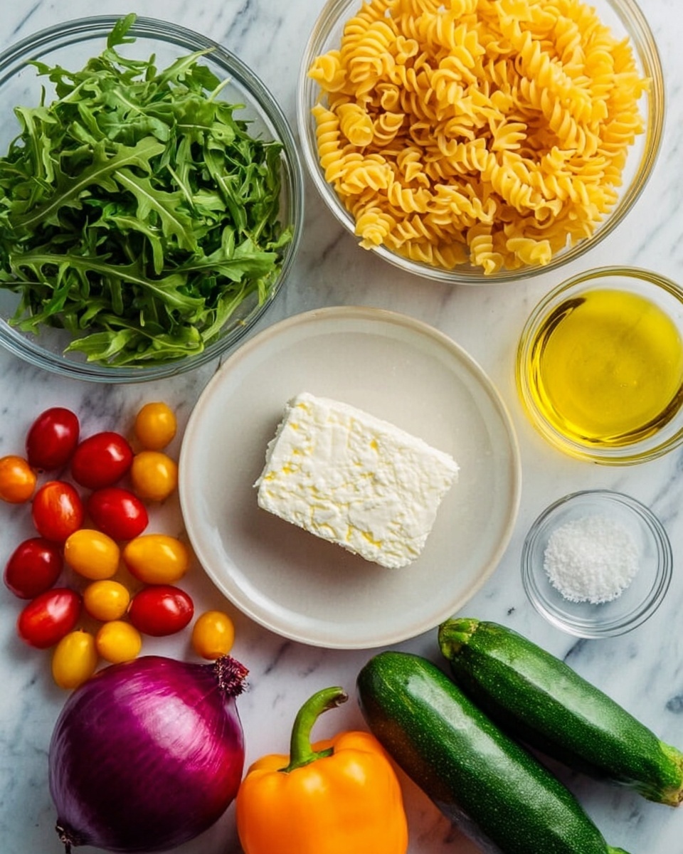 The image shows several ingredients arranged on a white marbled surface. In the center is a white plate holding a solid white block of cheese, a small glass bowl with yellow olive oil, and another small glass bowl with white salt. Surrounding the plate are clear glass bowls filled with different foods: bright yellow spiral pasta at the top right, fresh green arugula at the top left, and various small red, orange, and yellow cherry tomatoes at the bottom left. On the surface, there is a whole purple onion at the bottom left, a bright yellow lemon near the center, two green zucchinis at the bottom right, and a smooth orange bell pepper at the right side. Photo taken with an iphone --ar 4:5 --v 7
