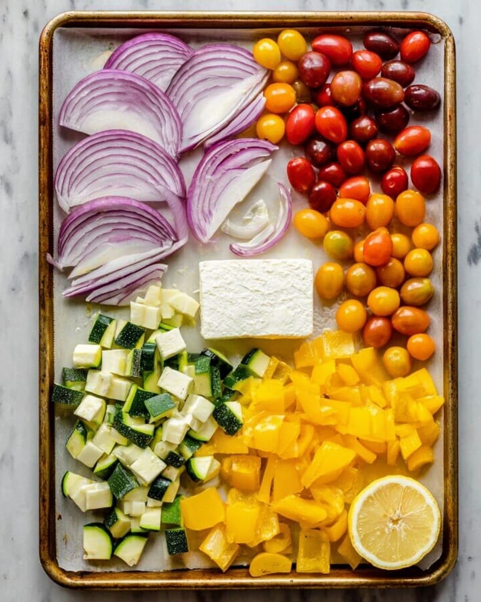 The image shows a baking sheet with six different ingredients neatly arranged in separate sections on a white marbled surface. On the top left, there are thin curved slices of red onion with purple and white layers. To the right of these are small, smooth cherry tomatoes in red, yellow, orange, and dark red colors, forming a colorful cluster. In the center, there is a white rectangular block of cheese with a few holes and a firm texture. Below the cheese, there are small cubes of green zucchini mixed with lighter green and white shades. At the bottom left, diced yellow bell peppers form a bright yellow mound. Finally, at the bottom right corner, there is a lemon cut in half, showing its bright yellow interior and textured peel. The whole scene is bright and fresh looking, photo taken with an iphone --ar 4:5 --v 7
