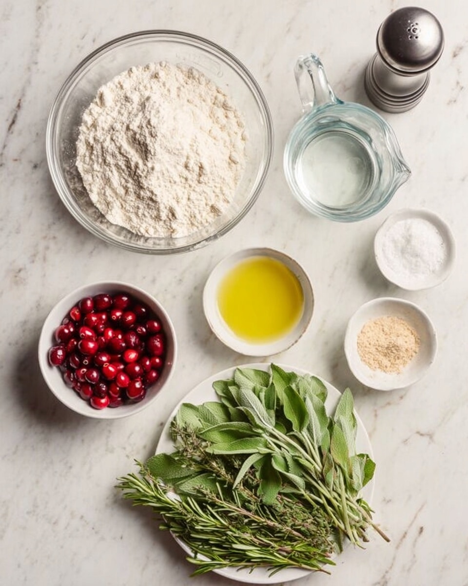 The image shows a white marbled surface with several bowls and a plate holding ingredients. In the top left, there is a clear glass bowl full of flour with a small mound in the middle. Next to it is a clear measuring cup filled with water. Below the cup is a small bowl with yellow oil. On the left side is a small white bowl with red cranberries. Near the bowl with cranberries are two tiny bowls holding white salt and light brown yeast. On the right side at the bottom, a white plate is piled with fresh green herbs, including rosemary, sage, and basil, showing different textures and shades of green. In the top right corner, a pepper grinder stands upright. The arrangement is neat and all items are well spaced on the white marbled surface photo taken with an iphone --ar 4:5 --v 7