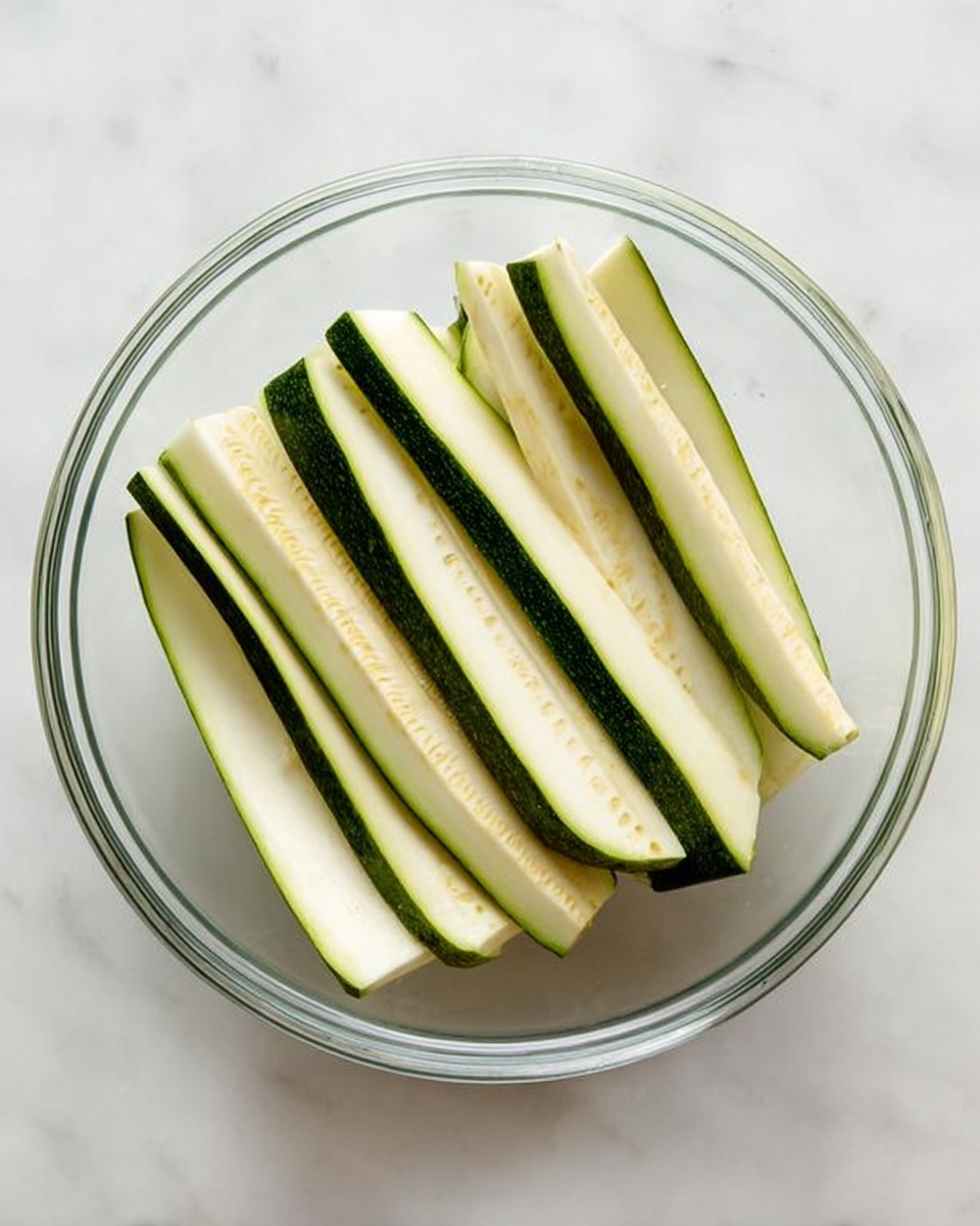 A clear glass bowl is placed on a white marbled surface, containing seven long, thin slices of zucchini arranged flat and slightly overlapping. Each zucchini slice has a pale green inside with small seeds visible and a darker green rind along the edges, giving a fresh and clean look. The slices are evenly laid out, showing smooth and moist textures under natural lighting. photo taken with an iphone --ar 4:5 --v 7