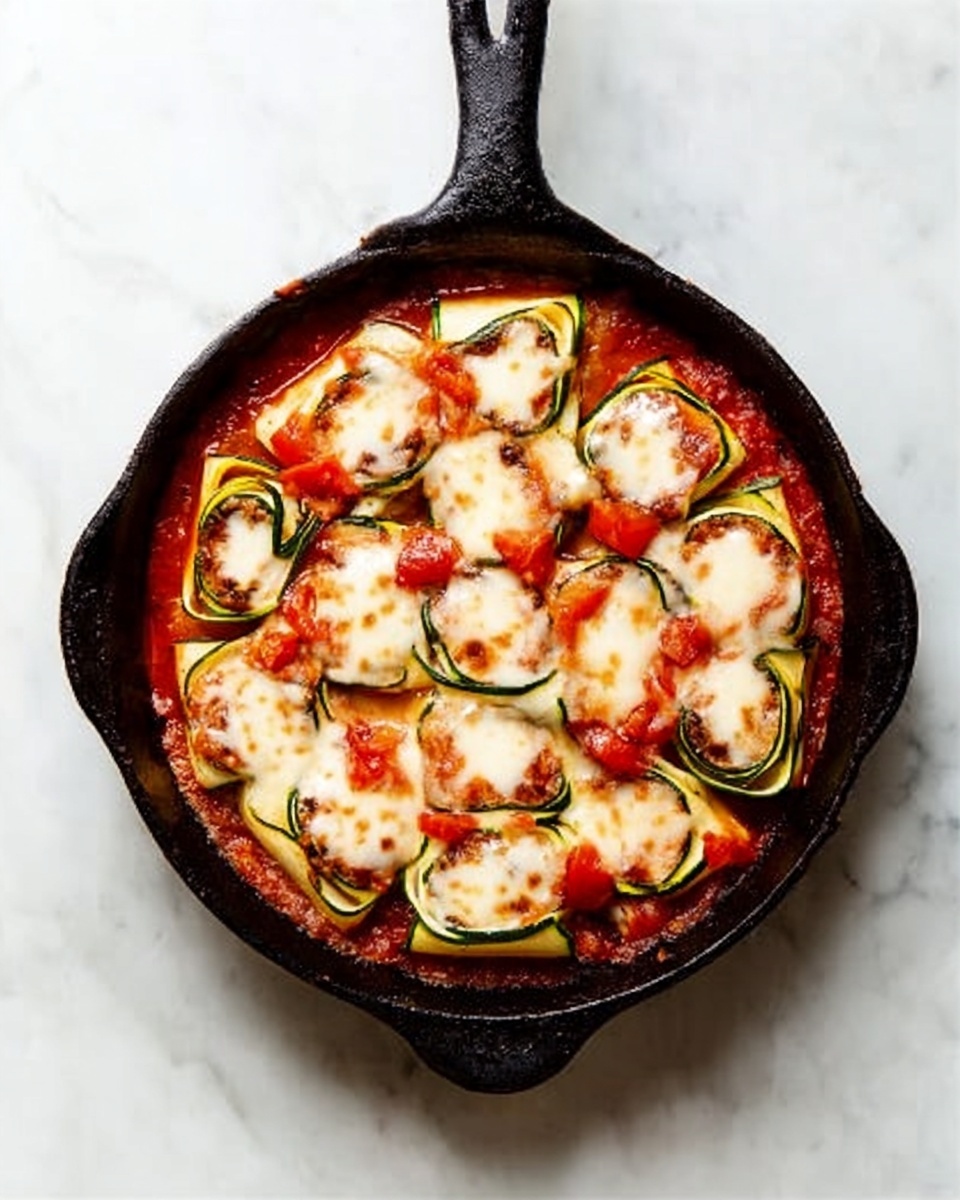 The image shows a black cast iron pan on a white marbled surface, filled with square pieces of food layered in a circular pattern. The bottom layer is a bright red sauce, topped with thin yellowish-green slices that look like zucchini arranged in a lattice form. Over the zucchini slices is a layer of white melted cheese with some browned spots, and small pieces of red tomato are scattered on top for extra color. The dish has about three visible layers and looks fresh and warm. Photo taken with an iphone --ar 4:5 --v 7