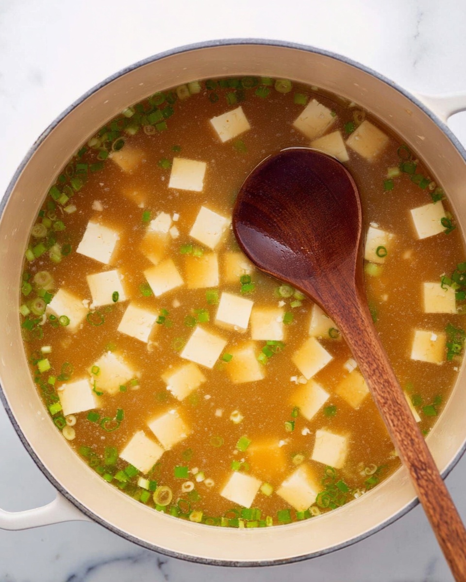 The image shows a pot of clear light brown broth filled with small, even, pale yellow square tofu pieces floating on the surface along with finely chopped green onions scattered throughout. A wooden spoon with a round deep head rests in the center of the pot, partially submerged in the broth. The pot is set on a white marbled surface. The overall look is simple and clean, with the soft texture of tofu and small green bits adding light color contrast. Photo taken with an iphone --ar 4:5 --v 7